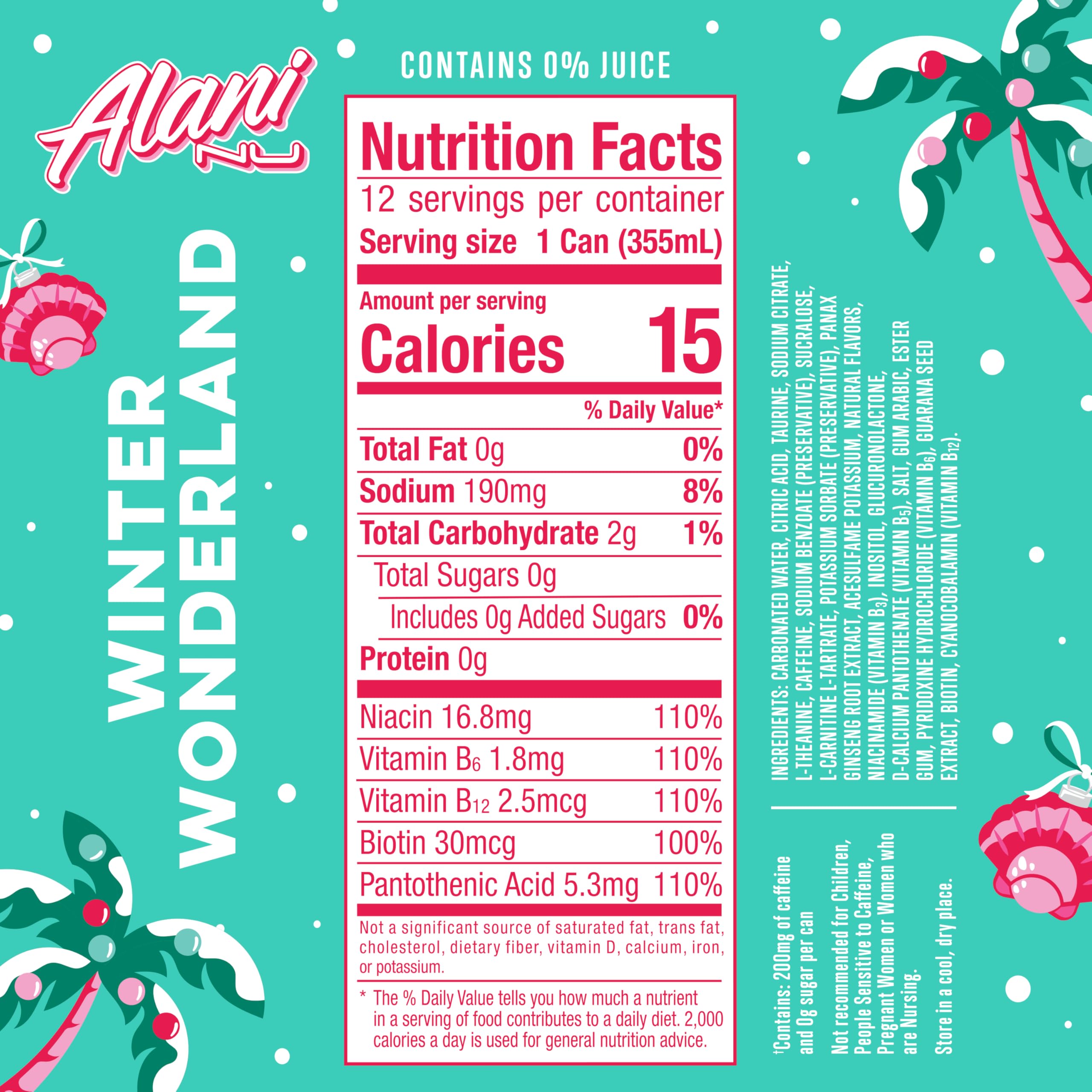 Alani Nu Winter Wonderland, Sugar Free, Low Calorie Energy Drinks, 200mg Caffeine, Biotin, B Vitamins, Zero Sugar, 10 Calories, 12 Fl Oz Cans, 24 Pack