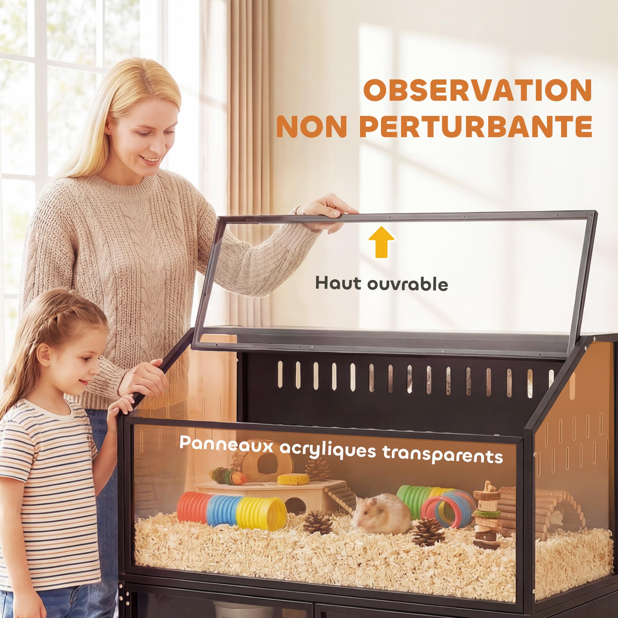 PawHut - Jaula de hámster 2 en 1 con armario de almacenamiento de habitaciones, 104 cm, color negro | Para roedor, acero resistente a las picaduras, acrílico transparente, diseño de jaula grande, para hámster sirio y ratón
