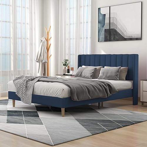 Miniatura 7 de alazyhome - Marco de cama tapizado de plataforma tamaño Queen con cabecera, soporte de listones de madera, sin ruido, fácil montaje, terciopelo