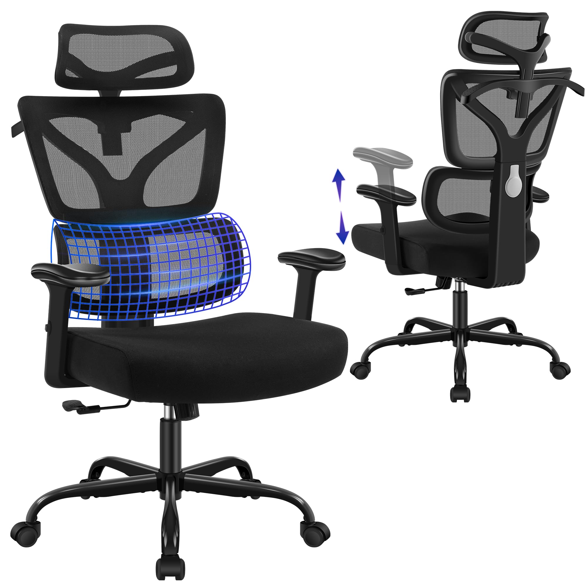 Ergonomic Office Chair, High Back Mesh Computer Chair with Comfortable Adaptive Lumbar Support, Built-in Coat Hanger, SGS Class 4 Gas Lift, Heavy Duty 300lbs for Long Hours Home Office, Black
