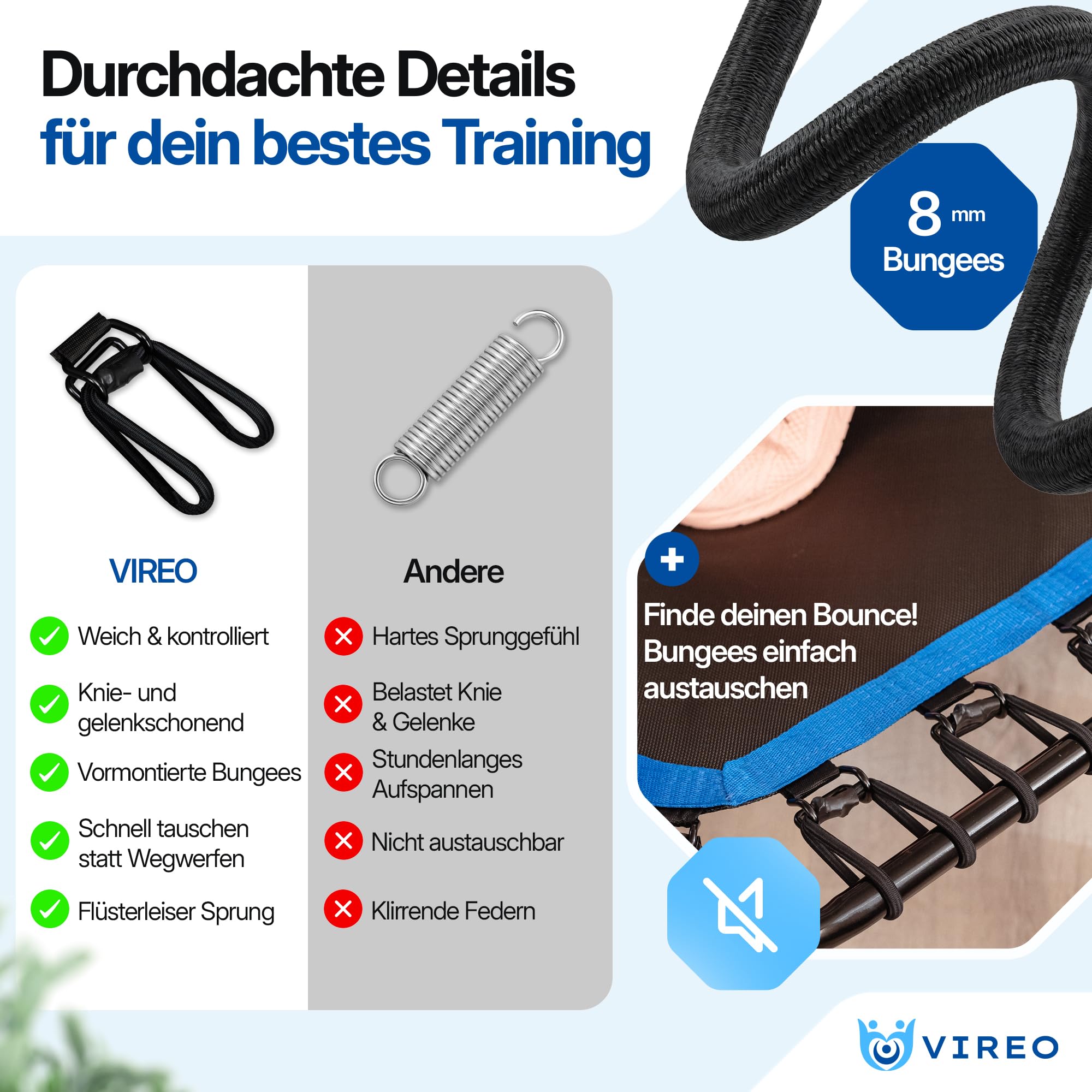 VIREO Fitness Trampolin Indoor Erwachsene [Klappbar & Stabil] mit Haltegriff – Mini Trampoline Ø 102 cm bis 150 kg, Leise & Gelenkschonend, Jumping Fitness & Sprung für Zuhause inkl. Widerstandsbänder