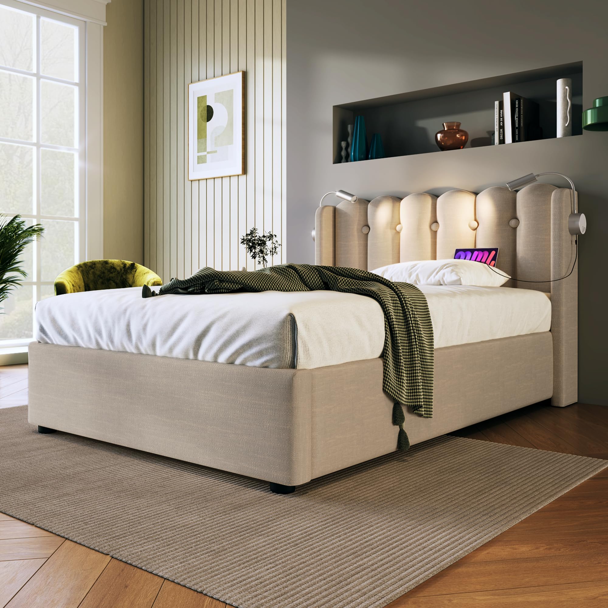 Letto Matrimoniale Imbottito ZYLOYAL10 Con Porta USB E Luci Da Lettura | Contenitore Sottoletto Con Pistone | 140x200 Cm (Senza Materasso) Beige - 5