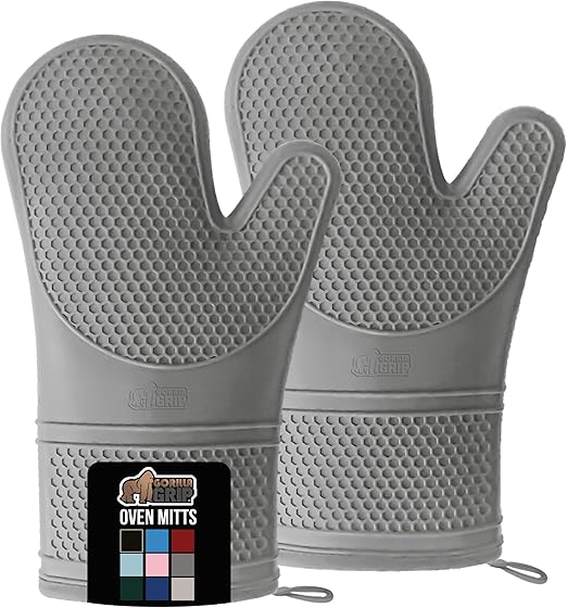 GORILLA GRIP Heat Resistant Durable Silicone Oven Mitts, BPA-Free Protective Grilling Potholders, Soft Cotton Lining, Flexible Waterproof Cooking Mitt Set, Kitchen Home Essentials, 12.5x8.3, Gray