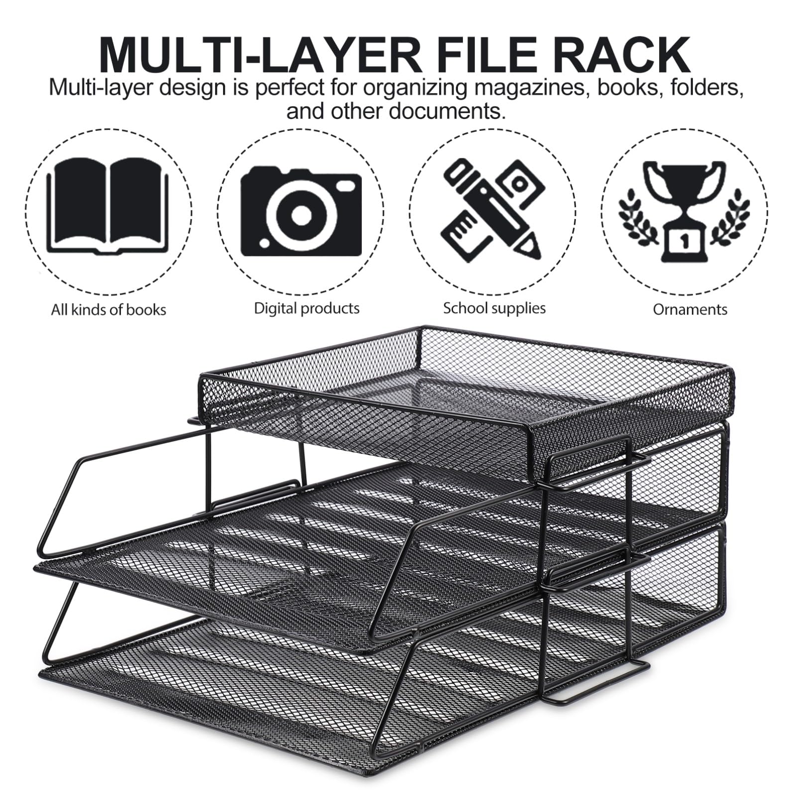 Portadocumenti per Scrivania in Metallo Nero, File Organizer a Rete | Struttura a Livelli, Design Cavo a Maglia, Uso su Scrivania in Ufficio