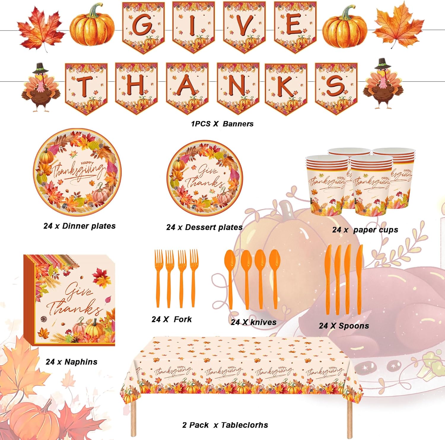 Thanksgiving Dinnerware Set Party Supplies, 171 Pcs Thanksgiving Disposable Tableware Paper Plates and Napkins Banners Plastic tablecloths Cutlery Serves 24
