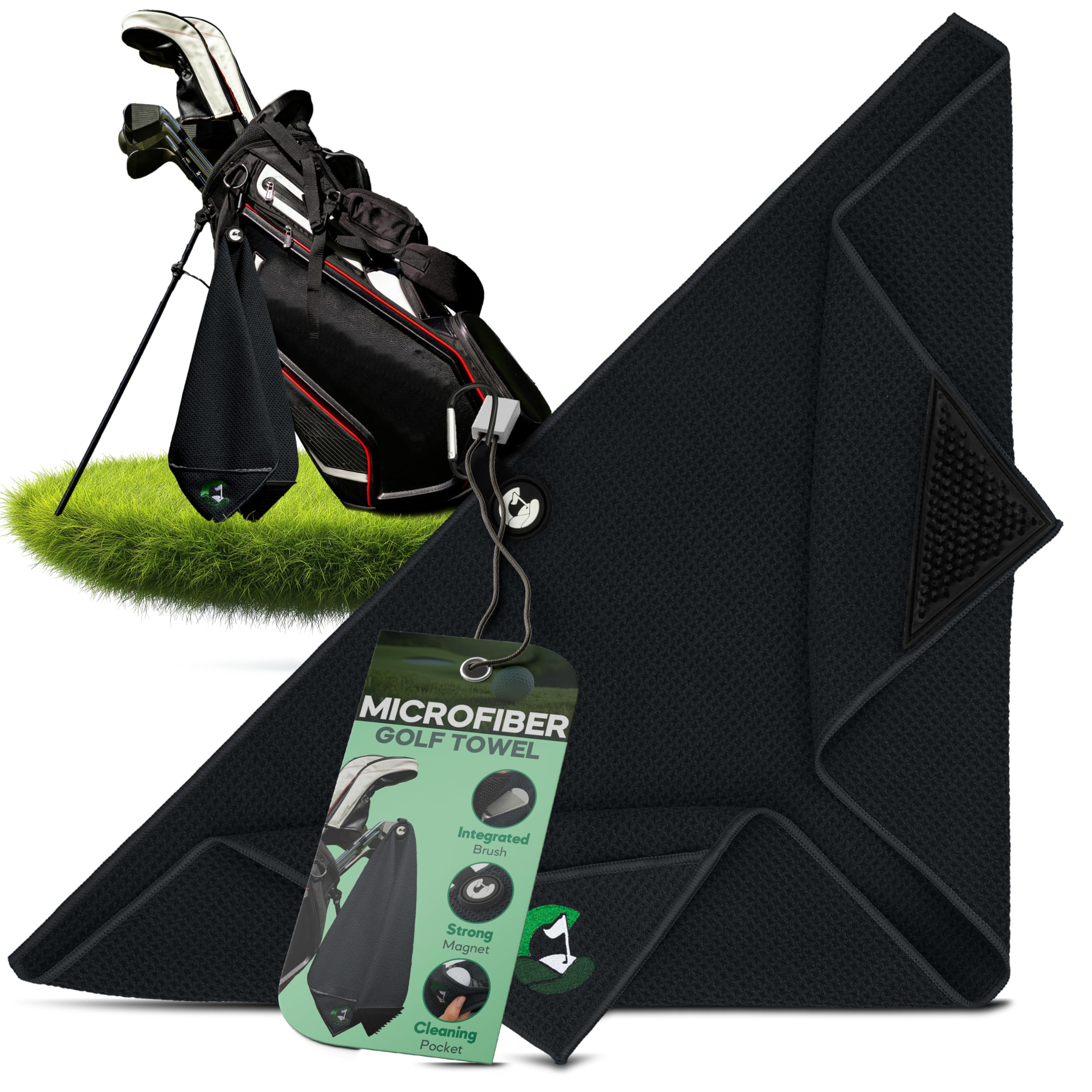 Caddie Up Microfibre Golf Towel with Integrated Brush, Golf Ball Cleaner Pouch Pocket, Strong Magnetic Attachment, and Carabiner Clip - Tour Black, Fairway Green or Storm Grey Towels (Tour Black)