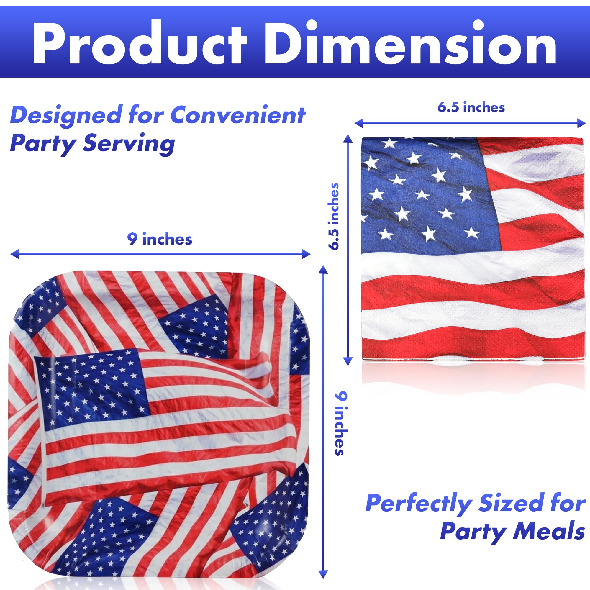 Iconikal Paquete de cena desechable, 40 platos y 60 servilletas, juego de bandera patriótica de Estados Unidos