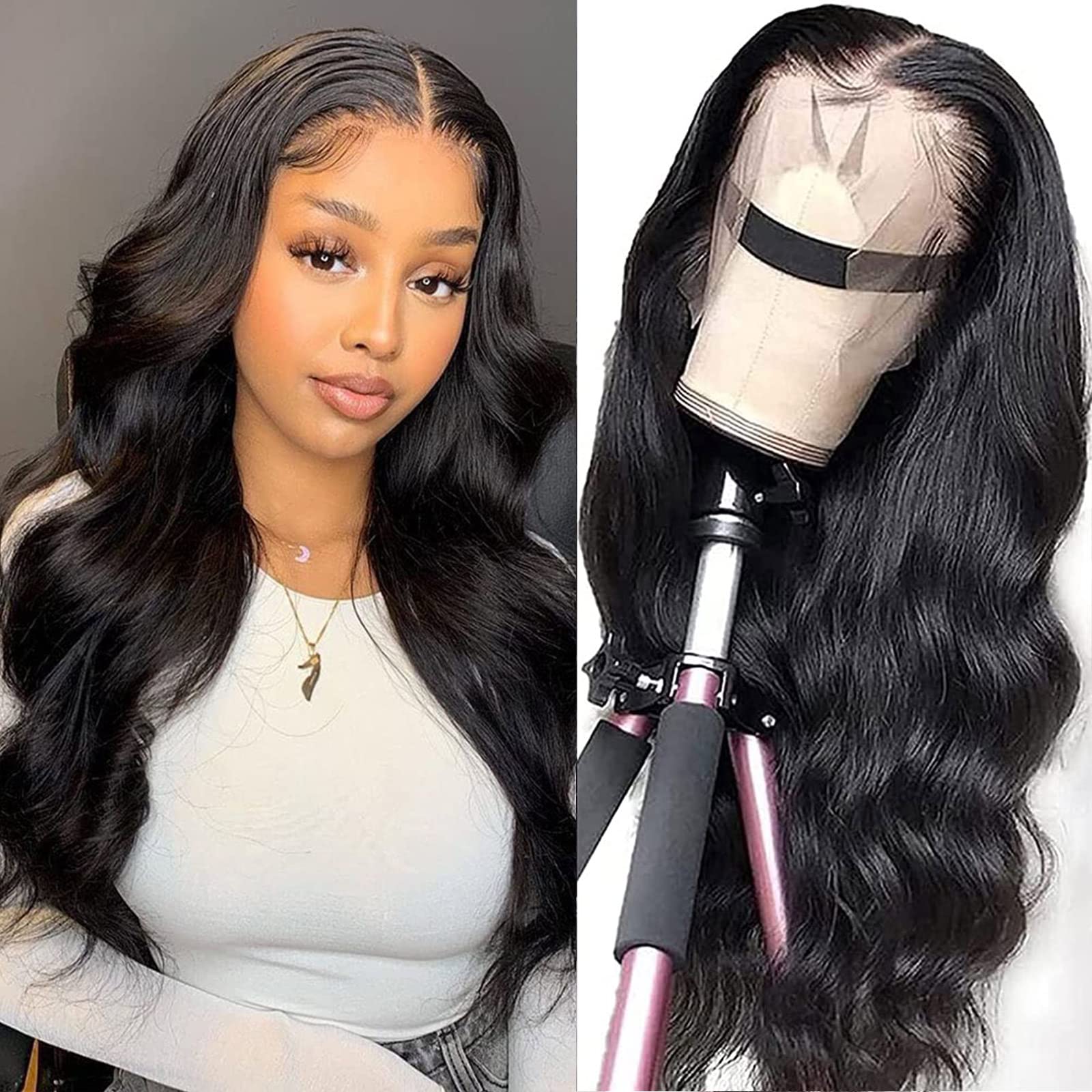 Body Wave Lace Front Wigs Human Hair 13x4 HD Transparent Lace Front Wigs for Black Women Glueless Brazilian Virgin Hair Lace Frontal Wig 180% Density Pre Plucked with Baby Hair Hairline