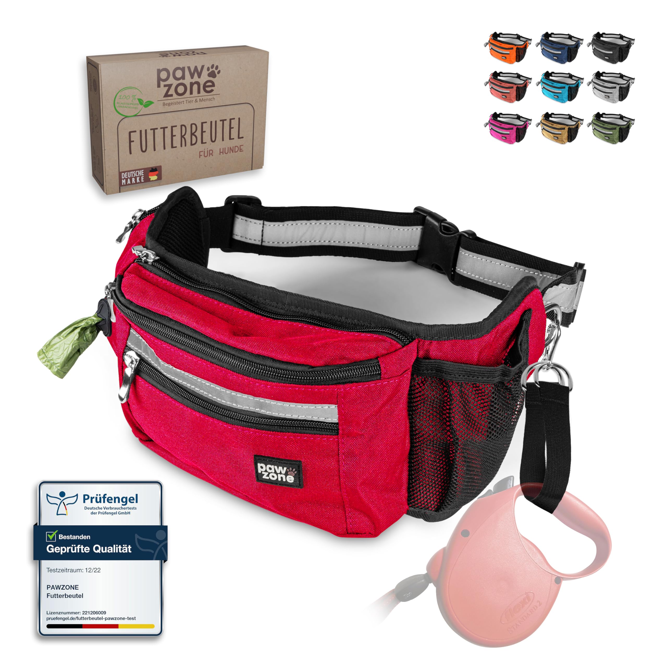 PAWZONE Futterbeutel Hunde - Leckerlibeutel für Hunde - Bauchtasche für Hunde Zubehör - Leckerlitasche für Hunde - Inkl. Reflektorband & Zusatzgurt für Flexileine (Feuerrot)