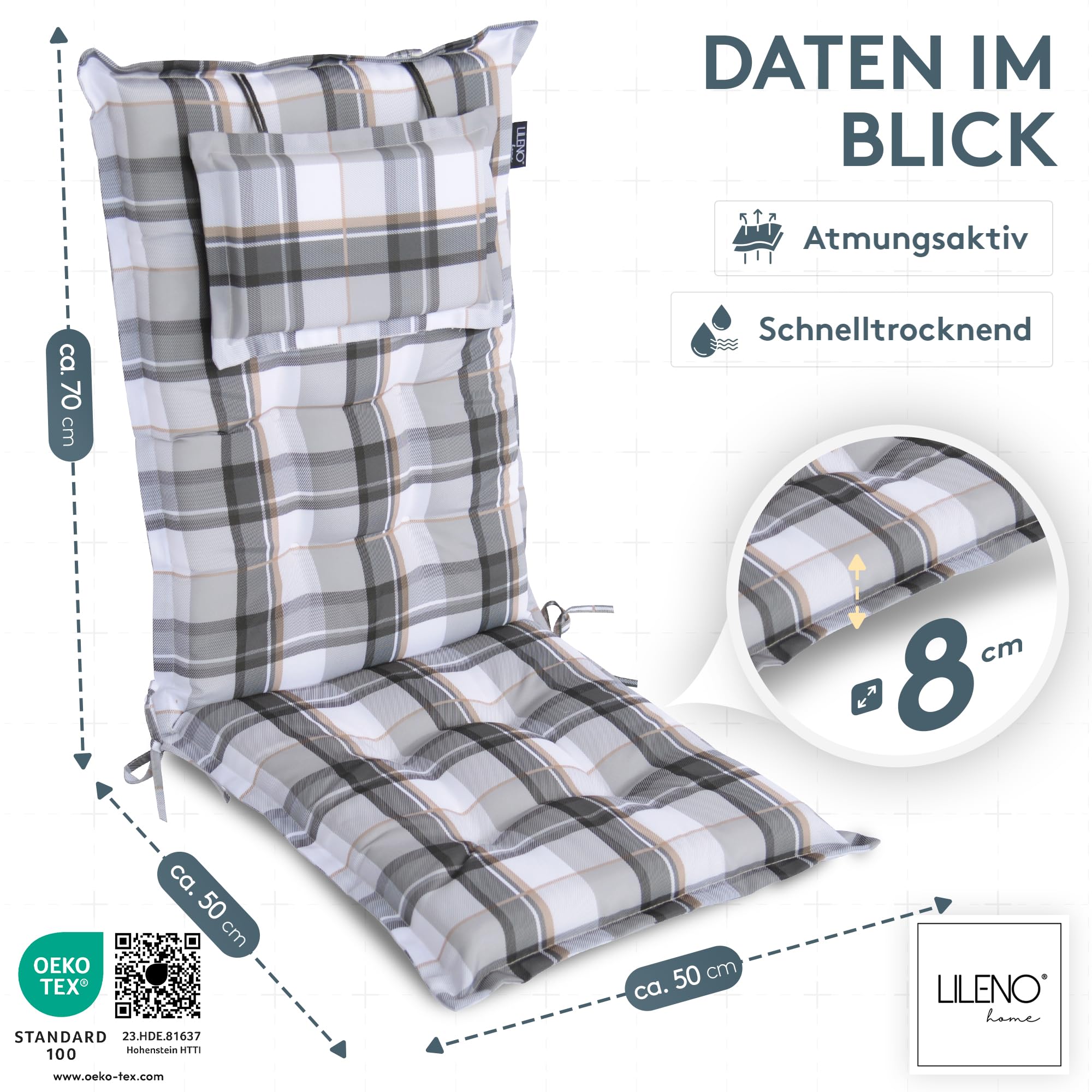 LILENO HOME Gartenstuhl Auflagen als [2er Set - Hochlehner] in Karo Grau Y - Bequeme Liegen als Sitzauflagen für Gartenmöbel - Stuhlkissen für Gartenstühle und Klappstühle MAR