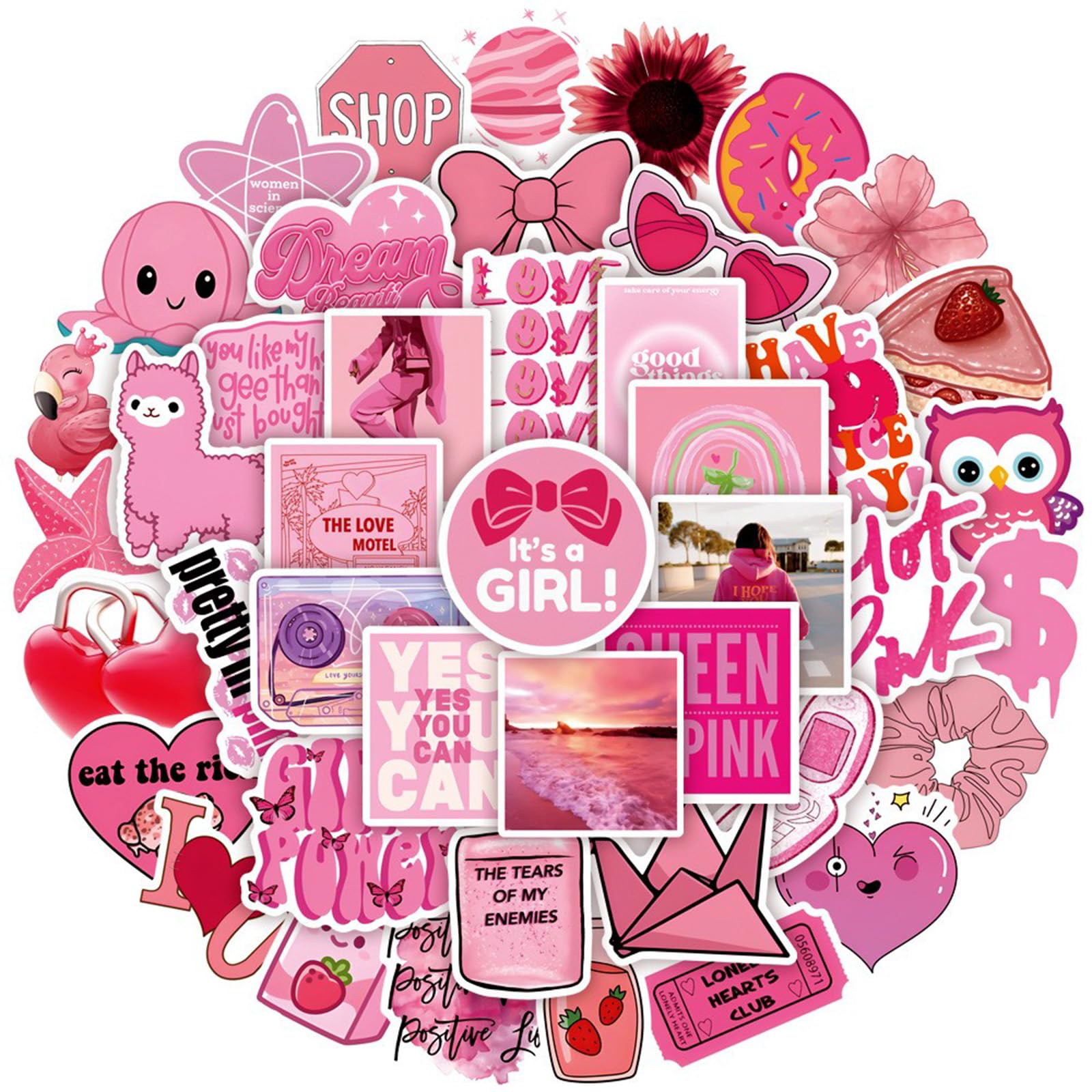 50 Pcs Pink Stickers Kawaii Aesthetic Stickers,Waterproof Aesthetic Stickers Cute Water Bottle Stickers,Laptop Hydroflask Skateboard Computer Stickers for Teens Girls Kids