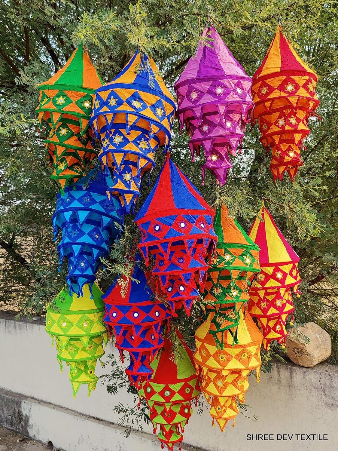 INDIANHANDICRAFTS 10 Pc Mix Lot Indian Traditional Square Cotton Lanterns Lamp Pendant Light Decor Lamp Bohemian Multi Color Floral Shade