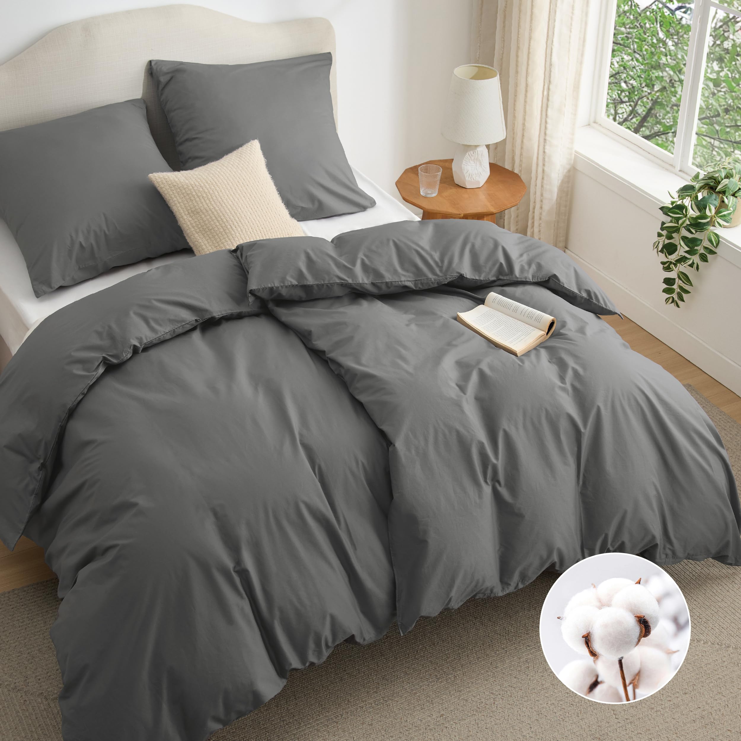 BEDSURE Bettwäsche 135x200 Baumwolle 4teilig - Bettwäsche-Sets für Kinder und Erwachsene, 2 Bettbezug & 2 Kissenbezüge 80x80 cm, Oeko-TEX Bedding Anthrazit mit Reißverschluss