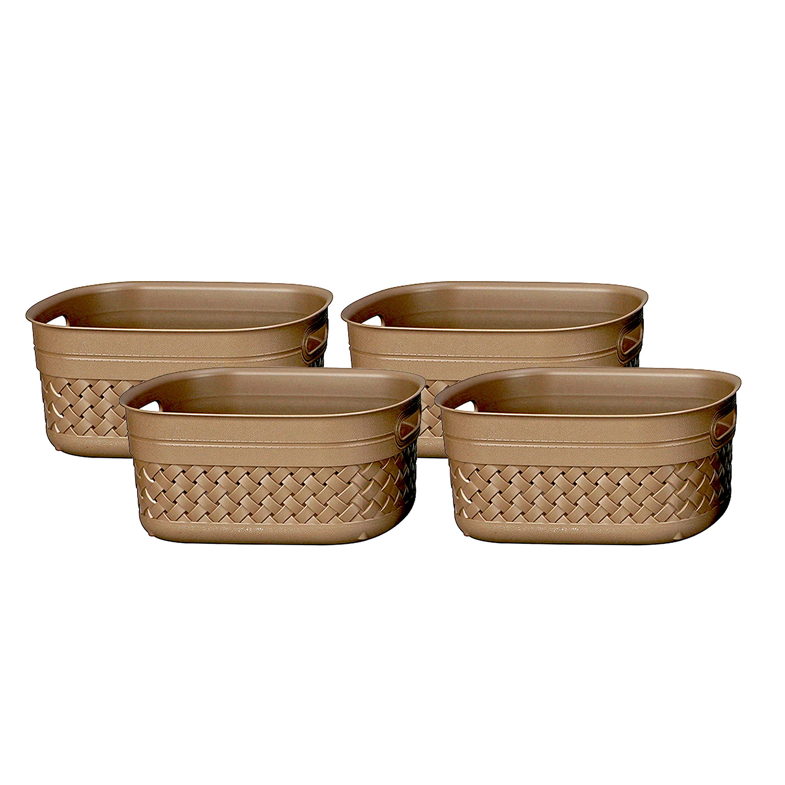KOLORR Stitch Plastic Storage Basket Small - LT Brown (Pack of 4) with Side Grip Multipurpose: Organiser Basket for Home, Kitchen, Wardrobe, Fruits, Vegetables, Toys, Stationary