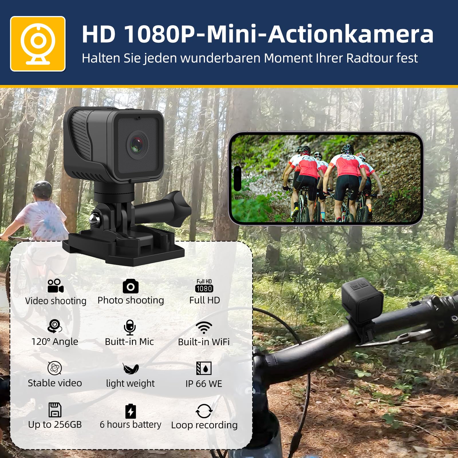 AIKER Mini Action Cam,Verbesserte Version Dashcam Fahrrad,Clever und einfach und Echtzeit-Pegelkorrekturfunktion helmkamera,WiFi 1080P HD&120°Weitwinkel Action Kamera,Mit 64GB Speicherkarte