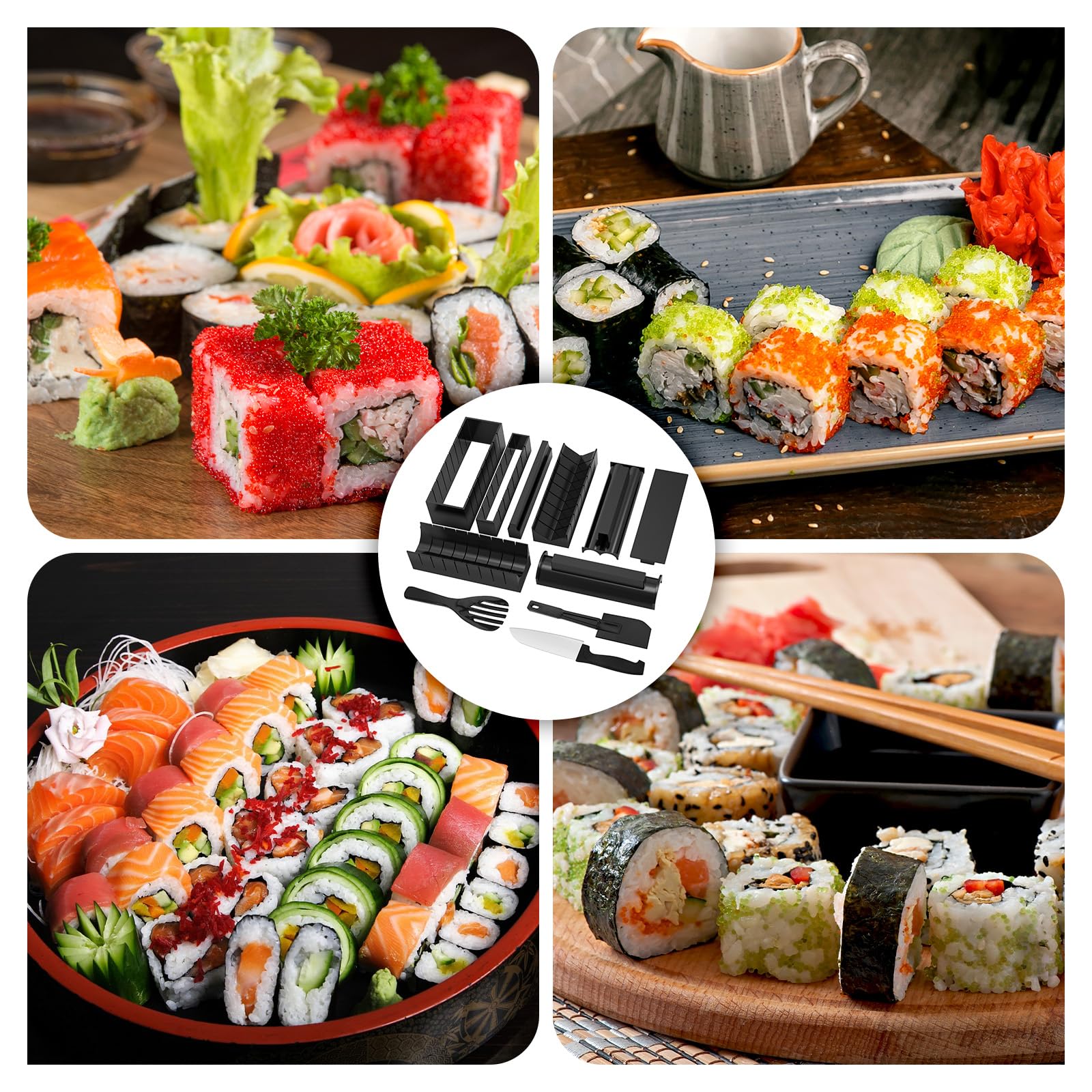 Sushi Maker Completo, Kit da 10 Pezzi con Stampo, Cucchiaio per Riso, Raschietto e Coltello Set per Preparare il Sushi Fai Da Te per Principianti, Fai Da Te e Kit Completo per Prepararlo a Casa