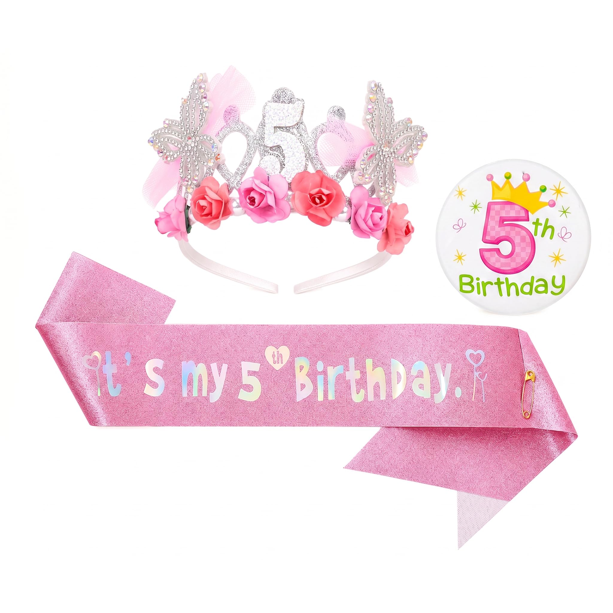 YCDKK 5th Birthday Decorations Girls, 3Pcs Birthday Girl Set With Tiara Headband, Sash, Badge, 5 Year Old Girls Gifts, Glitter Princess Crown, Happy Birthdays Party Decorations For Girl