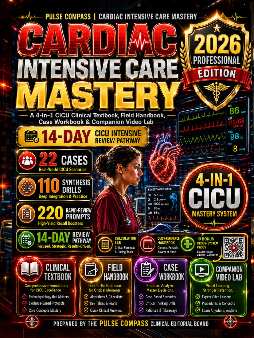 Cardiac Intensive Care Mastery 2026: A 4-in-1 CICU Clinical Book With 22 Workbook Cases • 110 Synthesis Drills • 220 Rapid-Review Prompts • 20 Video Labs • 14-Day Review Pathway