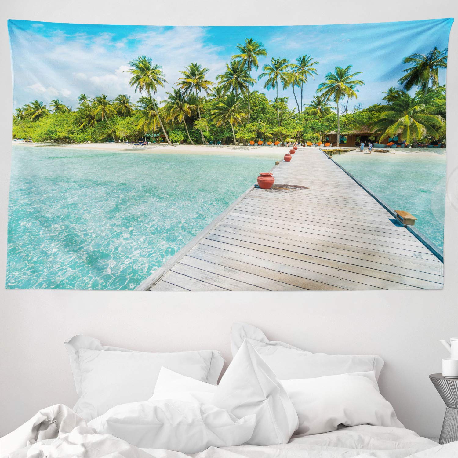 ABAKUHAUS Oceaan Wandtapijt, Exotic Beach Shoreline, Stoffen Muurdecoratie voor Woonkamer Slaapkamer Slaapzaa, 230 x 140 cm, Groen Blauw Wit