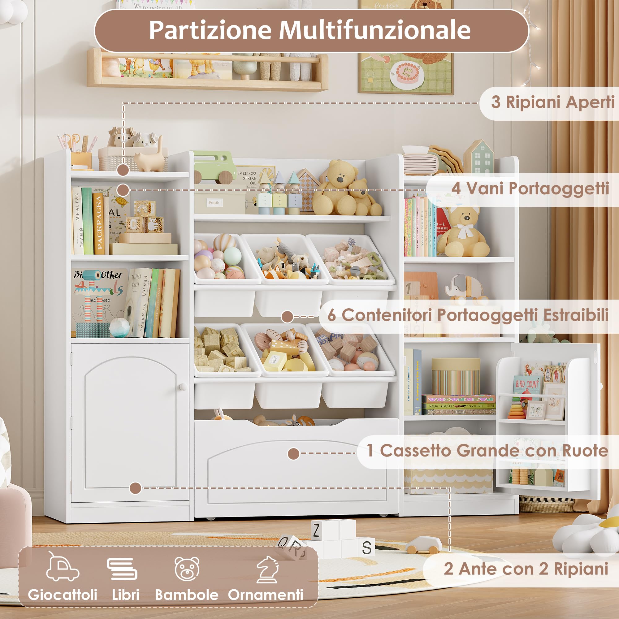 FOREHILL Libreria Montessoriana per Bambini, Porta Giochi Bambini a 6 Scatole, Organizer Giocattoli a Ripiani Regolabile, 7 Scomparti Aperti, per Cameretta e Sale Giochi, 140,5x33x108,2 cm, Bianco