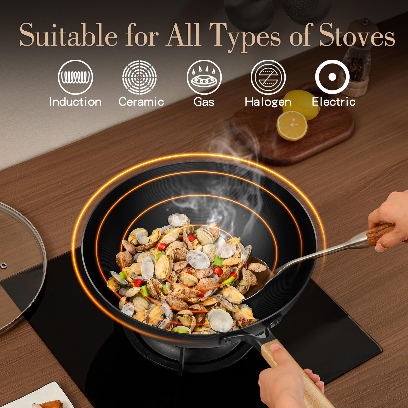 Jobin 30cm Wok Antiaderente con Coperchio, Wok Induzione Senza Rivestimento Chimico e Grande Capacità per Porzioni di cibo per 3-5 Persone, Ideale Padella per Fornelli a Induzione, Elettrici e a Gas