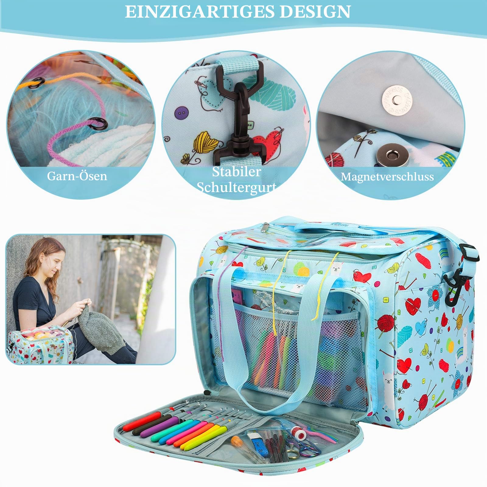 Coopay Garntasche, Basteltasche für Stricknadel-Set, Häkelset und Kreuzstich-Set zur Aufbewahrung, Garn-Organisierer für Anfänger und Profis, Oxford-Tuch, 38,1 x 27,9 x 25,4 cm