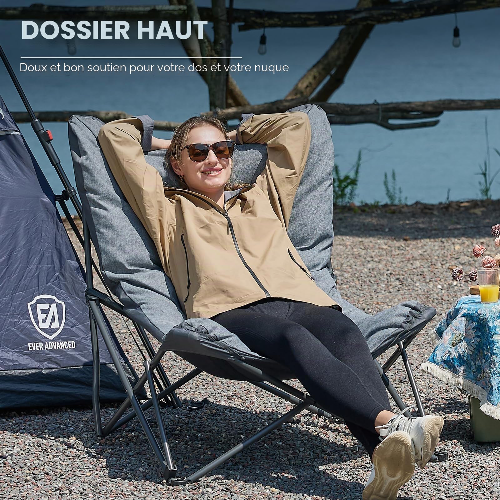 EVER ADVANCED Chaise de Camping Pliable XXL 180kg, Dossier Haut | Chaise pliante surdimensionnée à dossier haut, relax pour camping, jardin, balcon, pêche, intérieur, grise