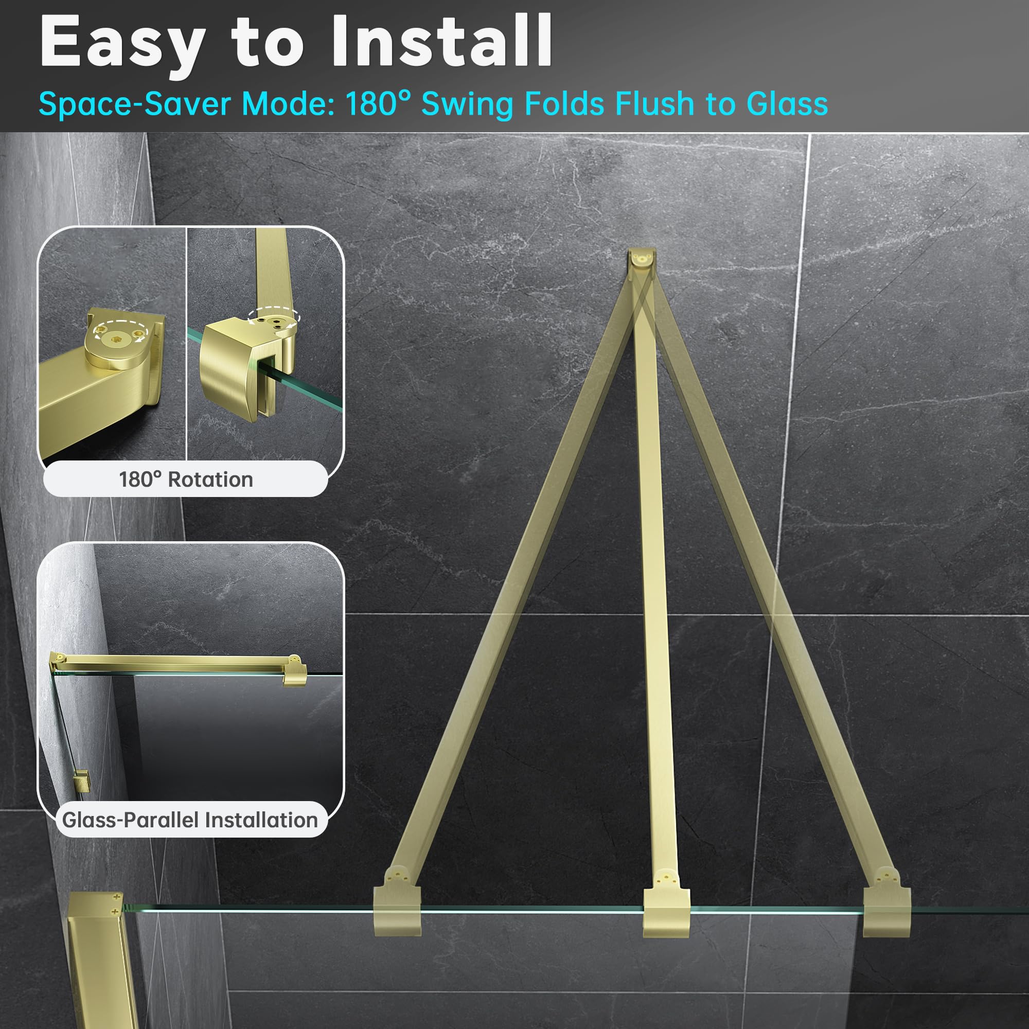 Barra de soporte para puerta de ducha sin marco, brazo de soporte de pared a vidrio de acero inoxidable para panel de vidrio de ducha fijo, para vidrio de 6-10 mm, pivote de 180° y modo plano (oro