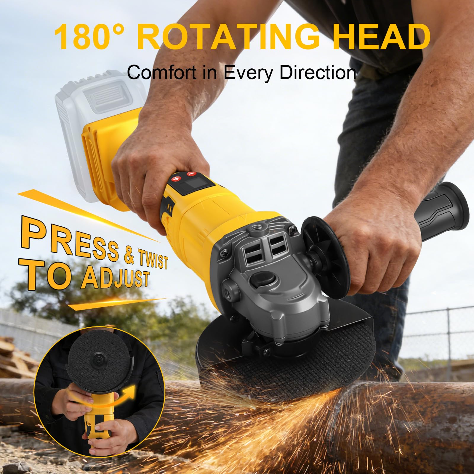 Amoladora angular inalámbrica 2 en 1 de 125 mm y sierra circular para Dewalt 20 V máximo (sin batería), rotación de 180° e inclinación de 45°, 3 velocidades 9300 rpm, sin escobillas con pantalla LED