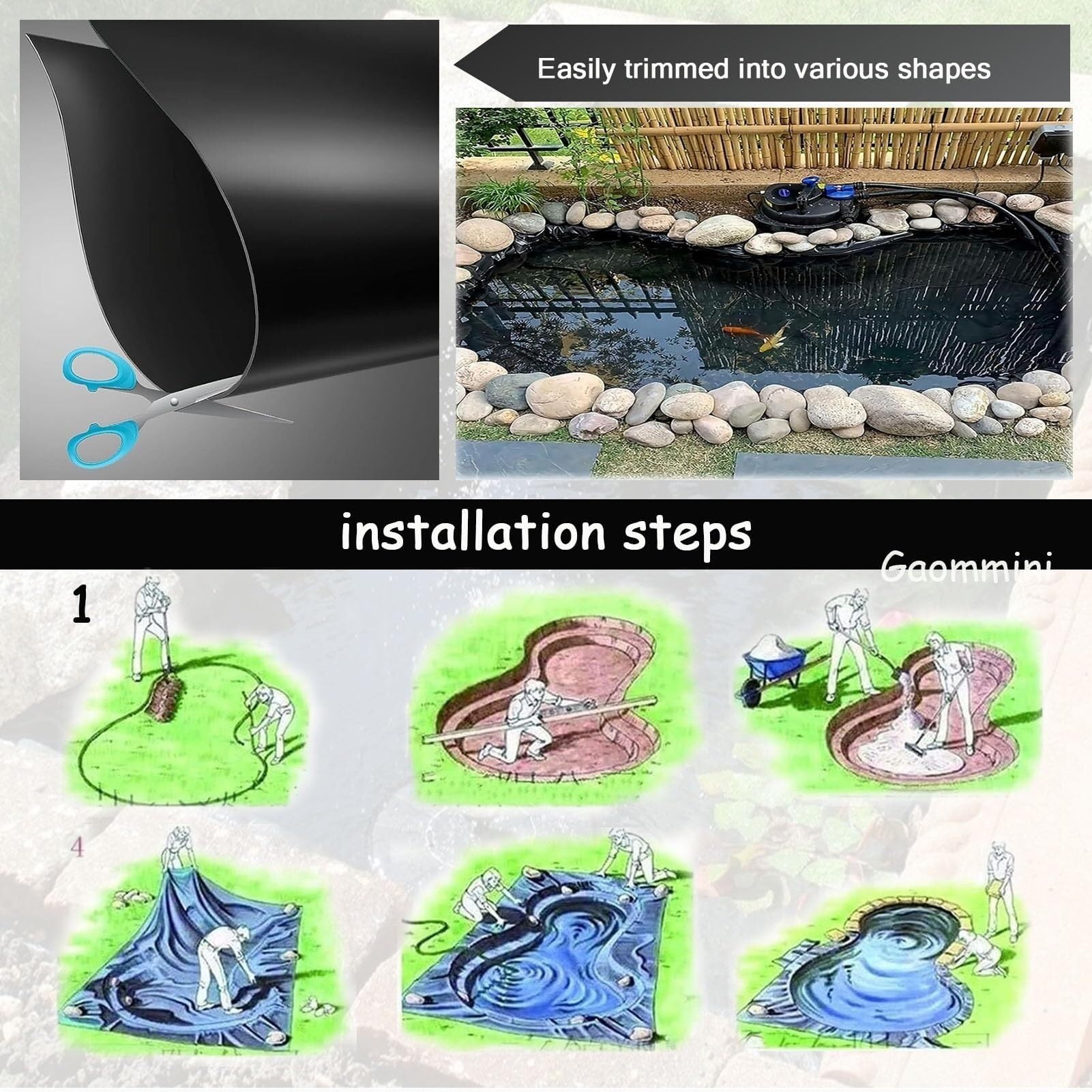 Revestimiento for estanque, lona flexible negra resistente for exteriores, for peces, koi y jardín acuático. Membrana impermeable de 4 x 6 m, 7 x 8 m y 8 x 10 m, lámina de plástico de polietileno.(5x5