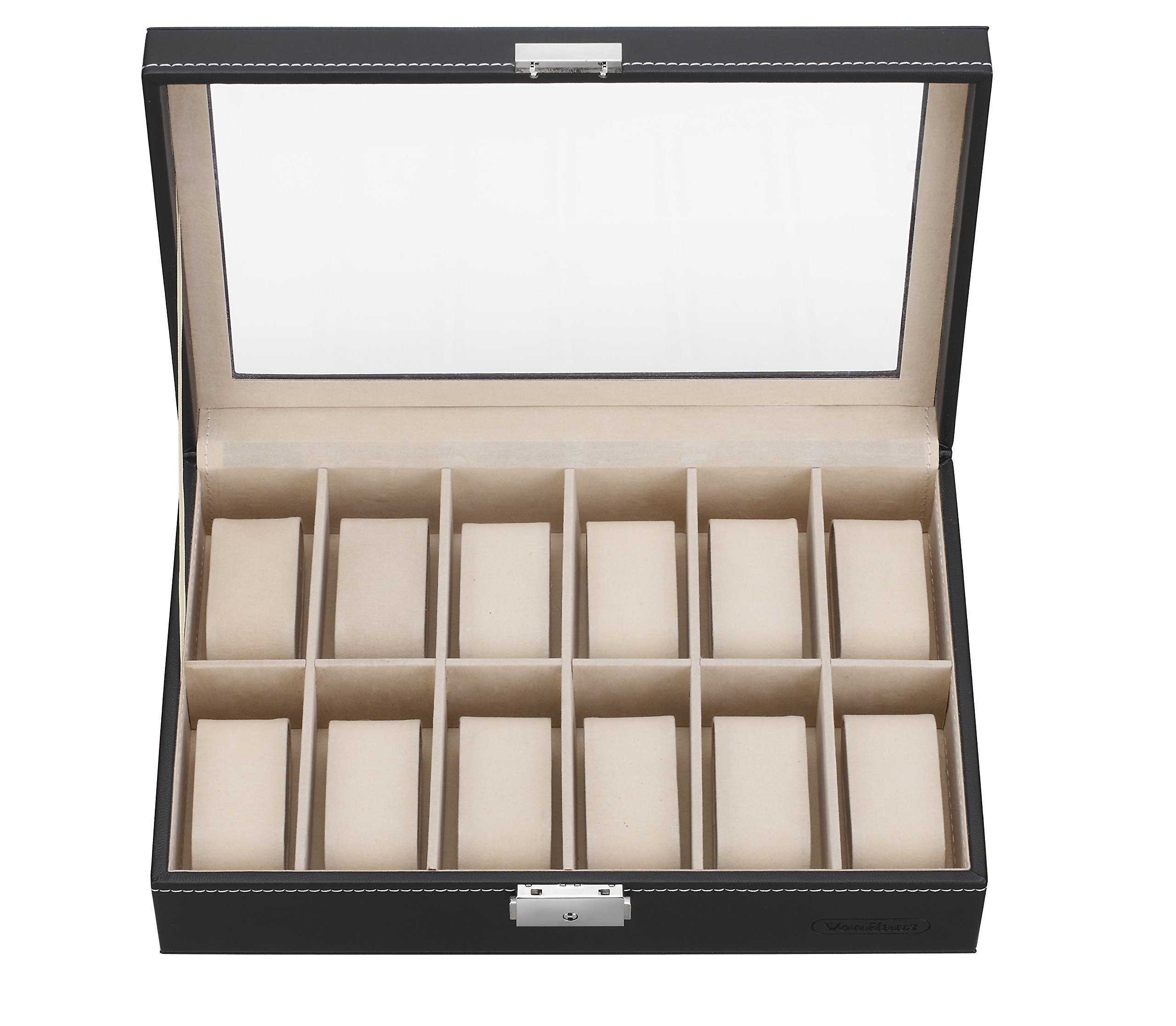 VonHaus Black Leather 12 x Watch/Jewelry/Cufflink Display Case For Men - Watch Box