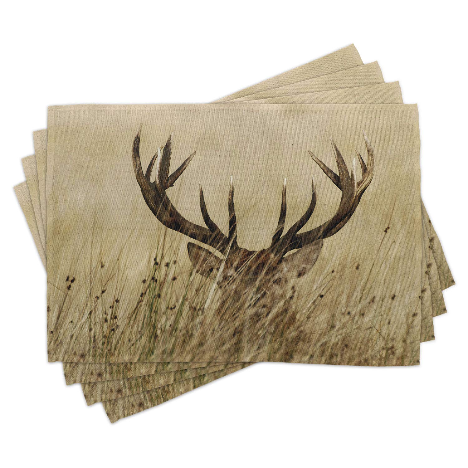 Lunarable Antler Place Mats Set of 4, Whitetail Deer Fawn in Wilderness Stag in Countryside Rural Hunting Theme, Washable Fabric Placemats for Dining Table, Standard Size, Sand Brown
