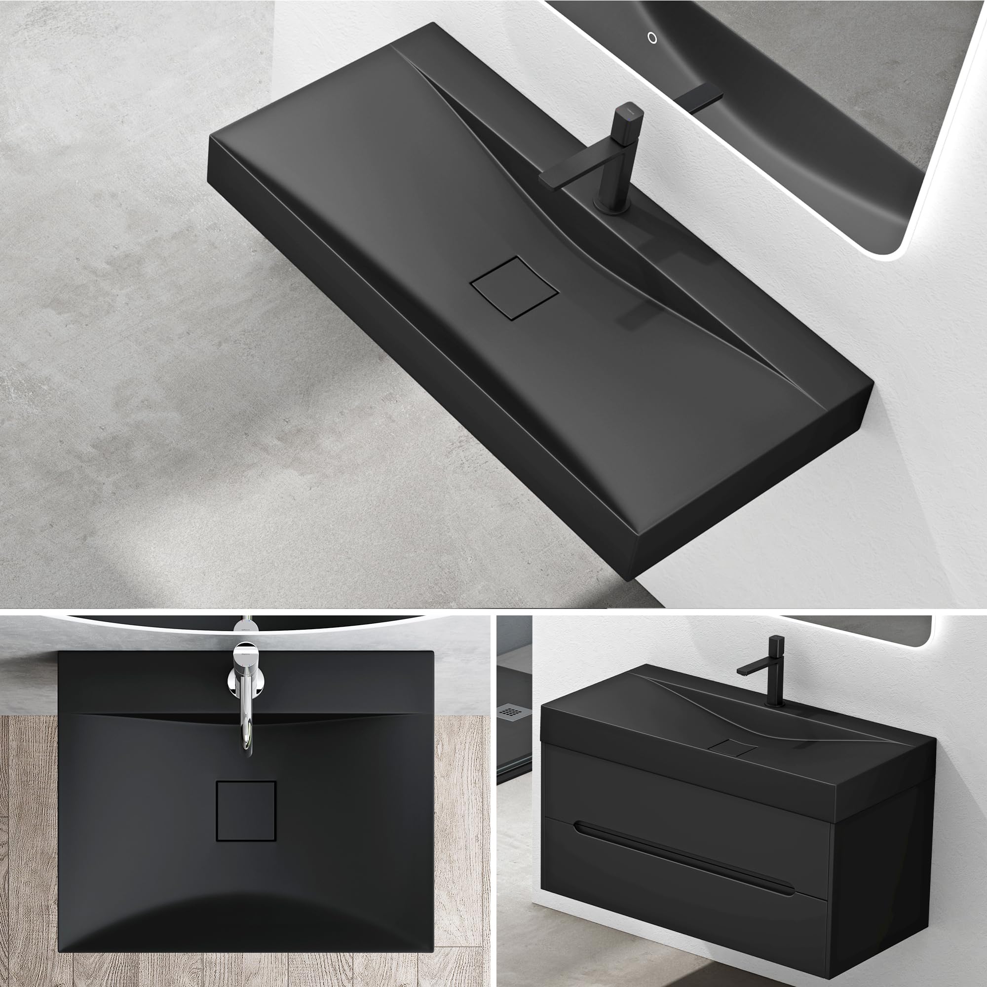 Mai & Mai Lavabo sobre Encimera 80x48x10 cm – Negro Mate, Mármol Fundido, con Orificio para Grifo y Tapa de Desagüe, sin Rebosadero, Instalación en Pared o Encimera