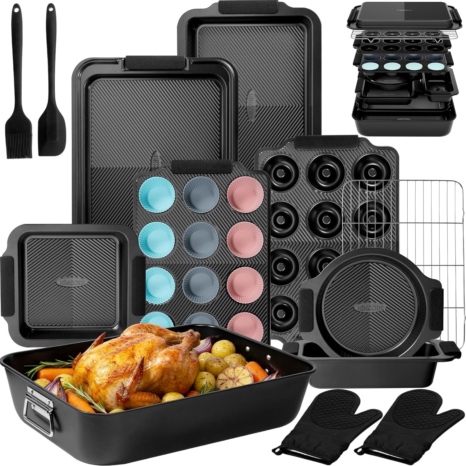 25 PCS Stackable Baking Pans Set, Non-stick Bakeware Sets with Silicone Handles, 450°F Oven Safe Cookie Sheets for Baking, Easy Release Heavy-duty Baking Sheets Non Stick, Black