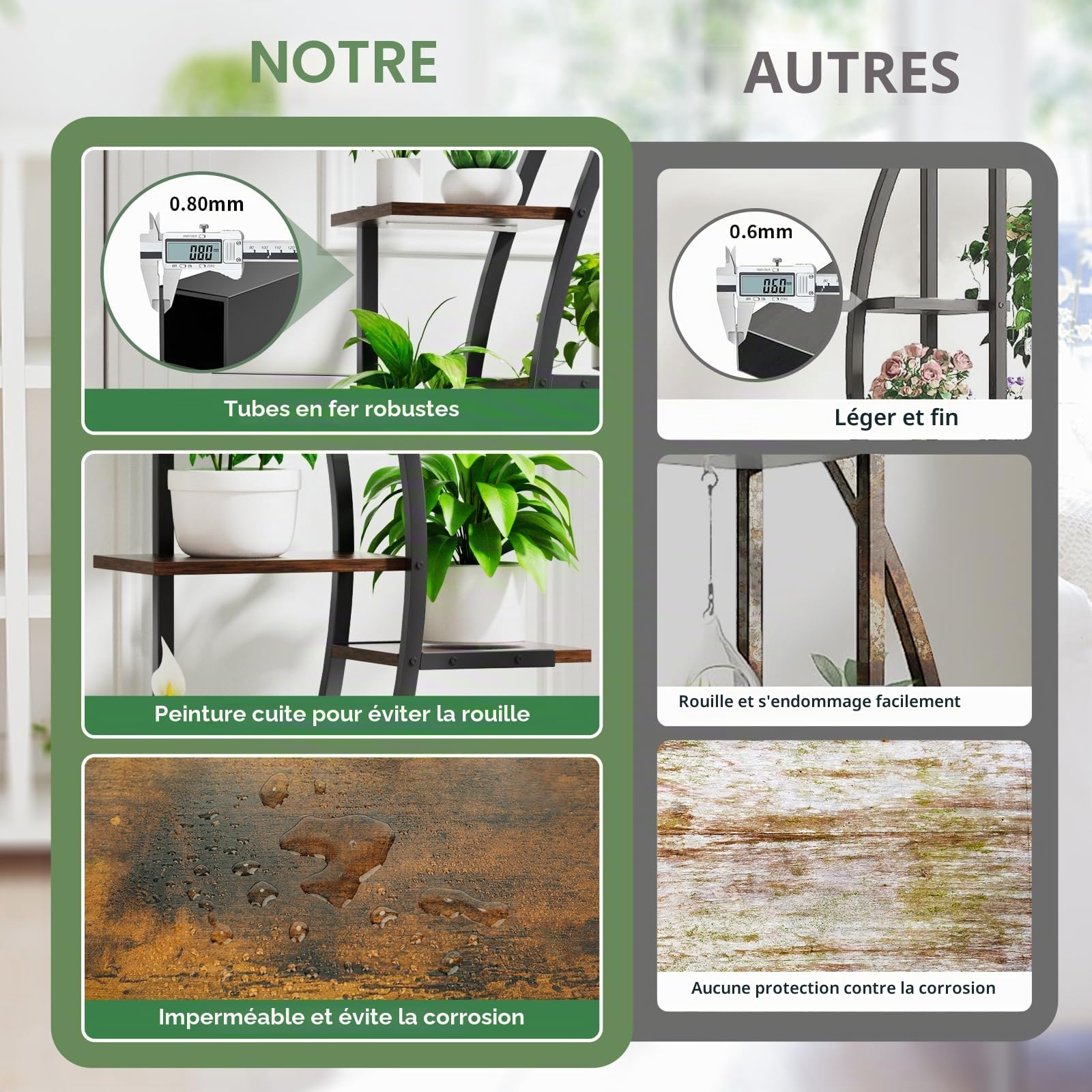 JUSTOGO Support de fleurs avec lumières de croissance - Étagère d'intérieur à 7 étages en bois et métal - 160 cm - Grande étagère pour salon, balcon, chambre à coucher