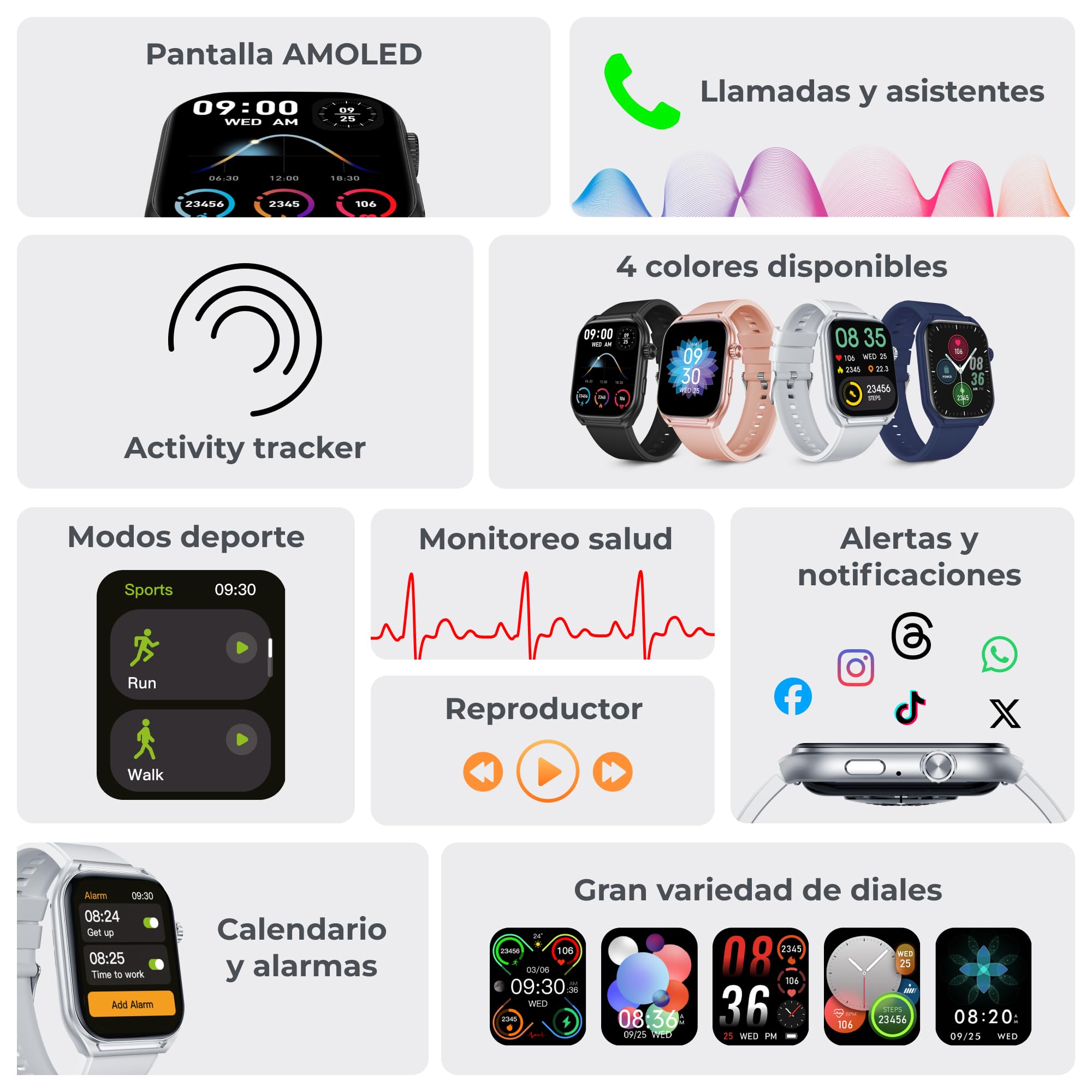 KSIX Smartwatch Urban Move noir, écran AMOLED 2,06", messages, mains libres, assistant vocal, 100+ modes sportifs