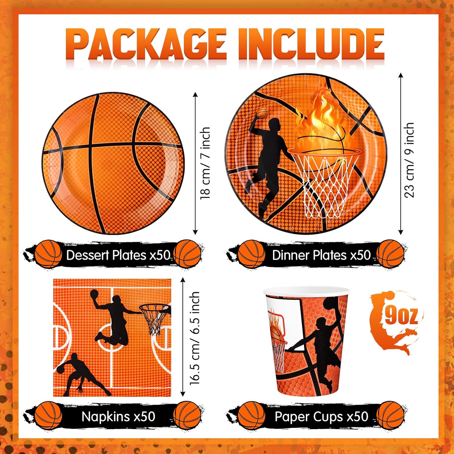 Domensi 200 Pcs Basketball Party Supplies Tableware Set for 50 Guests Includes Basketball Plates and Napkins and Cups Birthday Party Decorations Favors Sport Disposable Paper Dinnerware Kits