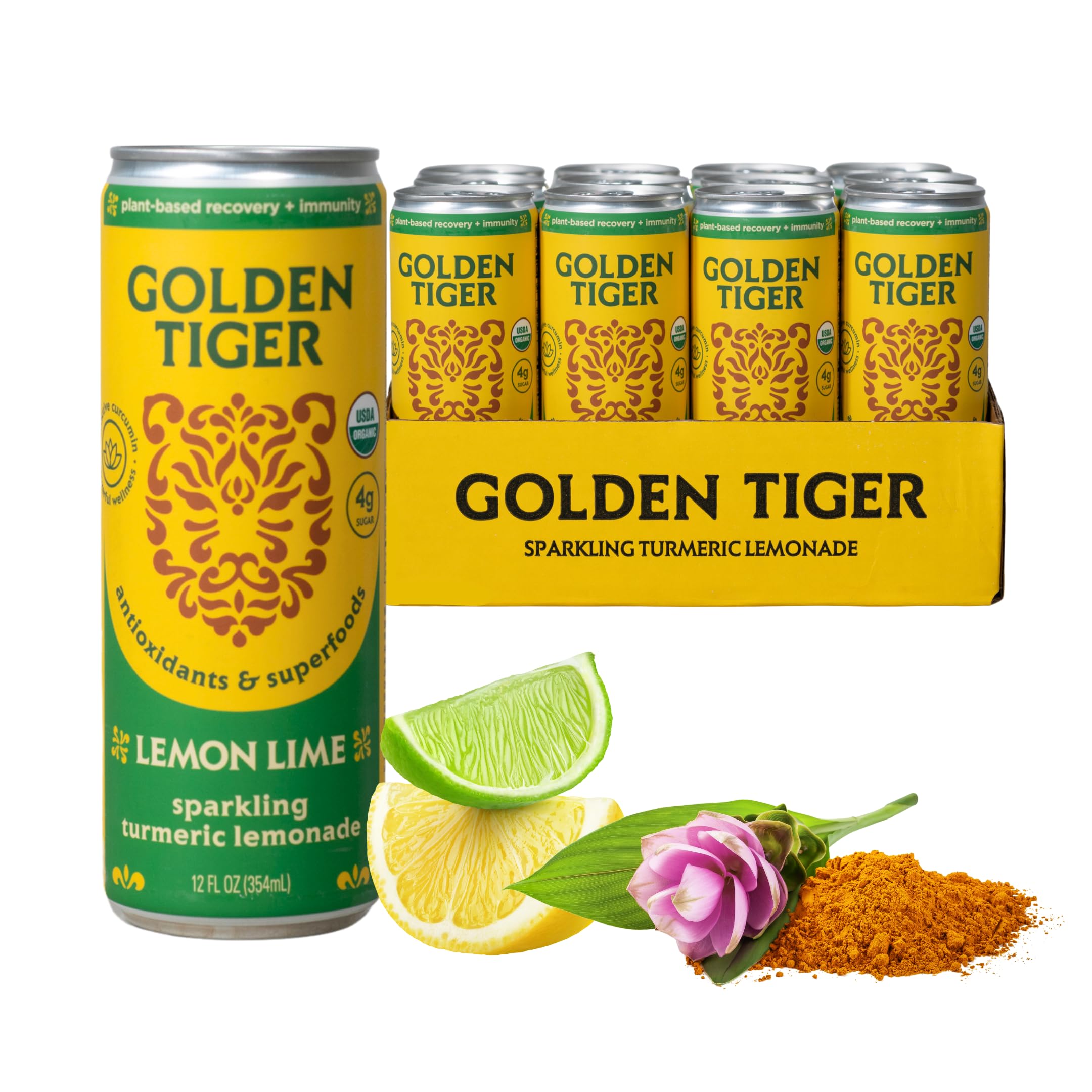 Golden Tiger Turmeric Sparkling Lemonade, Lemon Lime – Curcumin & Ginger for Inflammation – Organic Wellness Drink with Superfoods & Antioxidants for Recovery, Immunity, Gut Health - 4g Sugar, 20 Calories (12-pack)