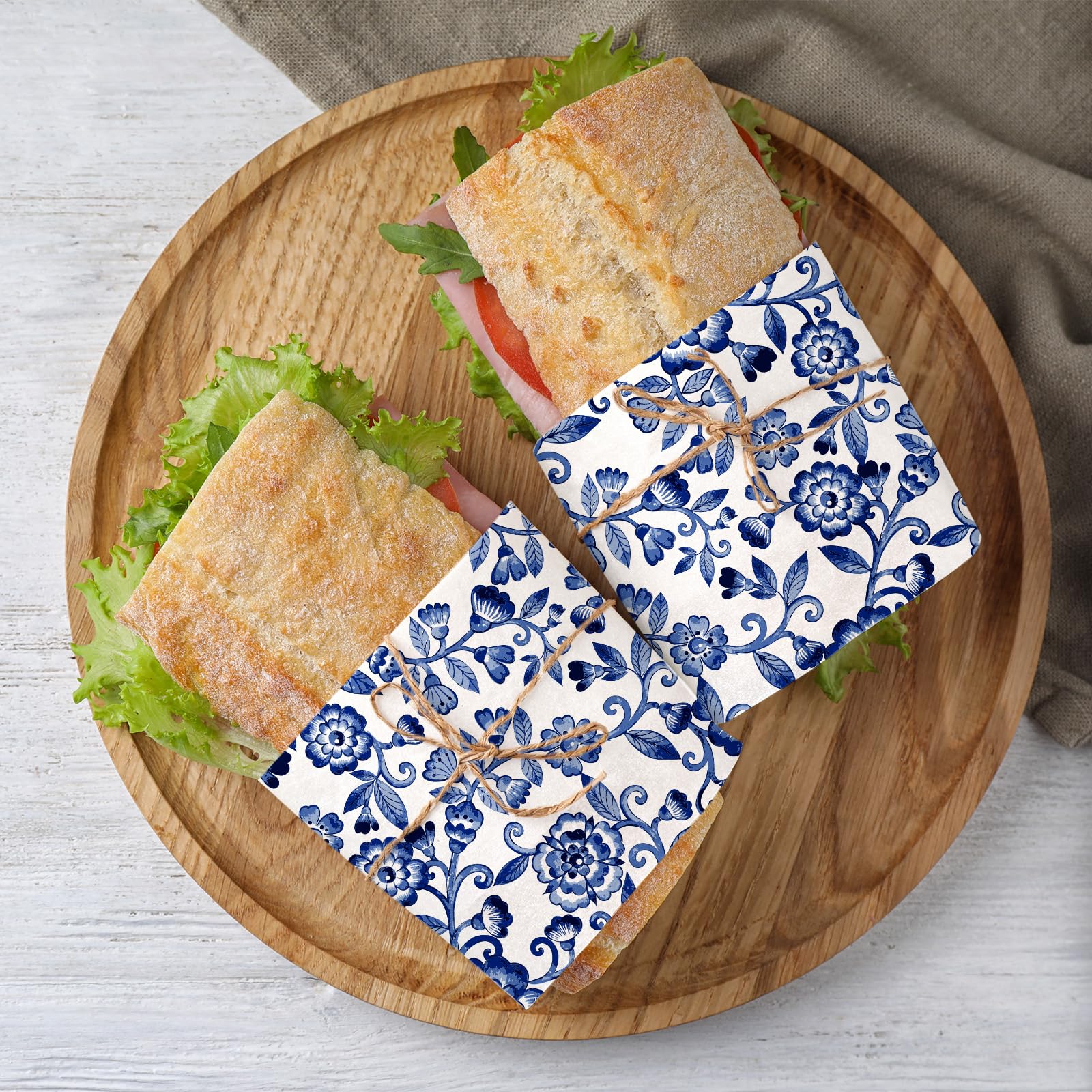 Blaues Delikatpapier, 24,9x21,1 Cm, Chinoiserie Muster – Fettdicht, 150 Blätter, Für Sandwich, Geschenke & Deko