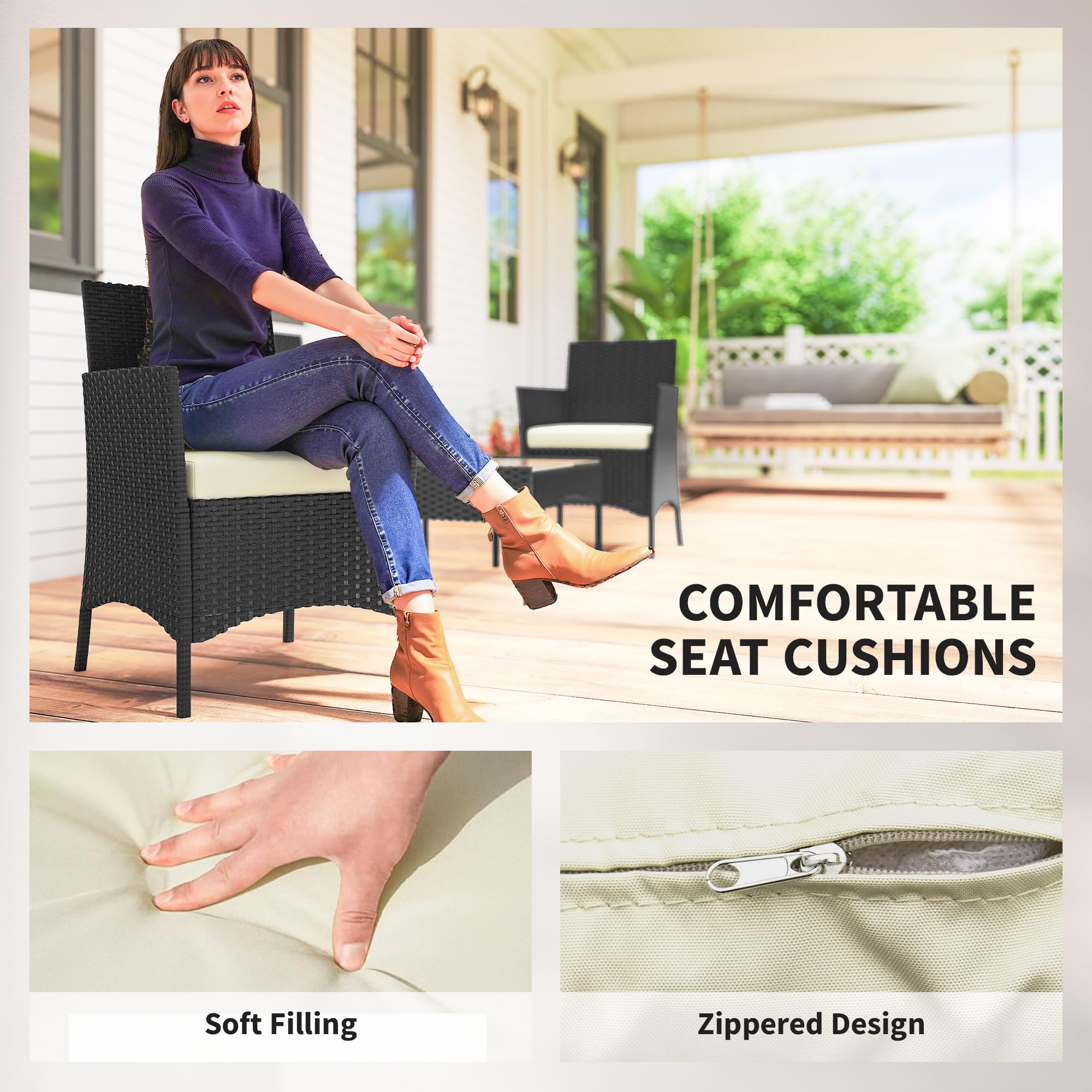 Outsunny 4 Seater Rattan Garden Furniture Set, 4 Piece Garden Sofa Set with Loveseat, Armchairs, Glass-Top Coffee Table, Cushions, Wicker Outdoor Furniture for Conservatory Patio, Cream White — view 5