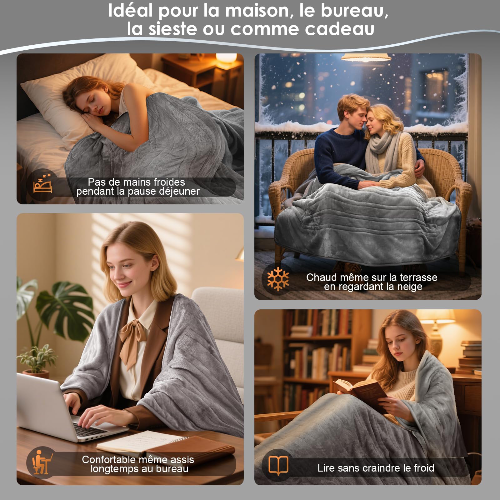Couverture Chauffante 180x130 cm Double Flanelle 9 Niveaux de Température & Minuterie 1-10H, Lavable en Machine, Chauffage Rapide de 150 W, Plaid Chauffant Doux & Confort Pour 1-2 Personnes tendre