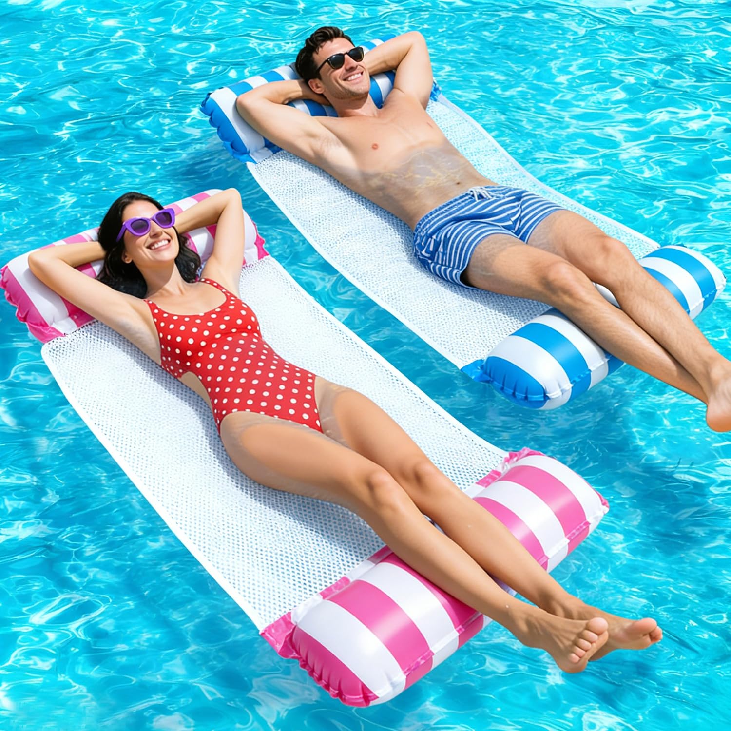 2 Pack Pool Float Pool Inflatables, 130CM Swimming Pool Float Hammock, 4-in-1 Saddle/Lounge Chair/Hammock/Drifter Inflatable Float Bed Raft Recliner Beach Hot Tub Mat (Blue & Pink) — image 1