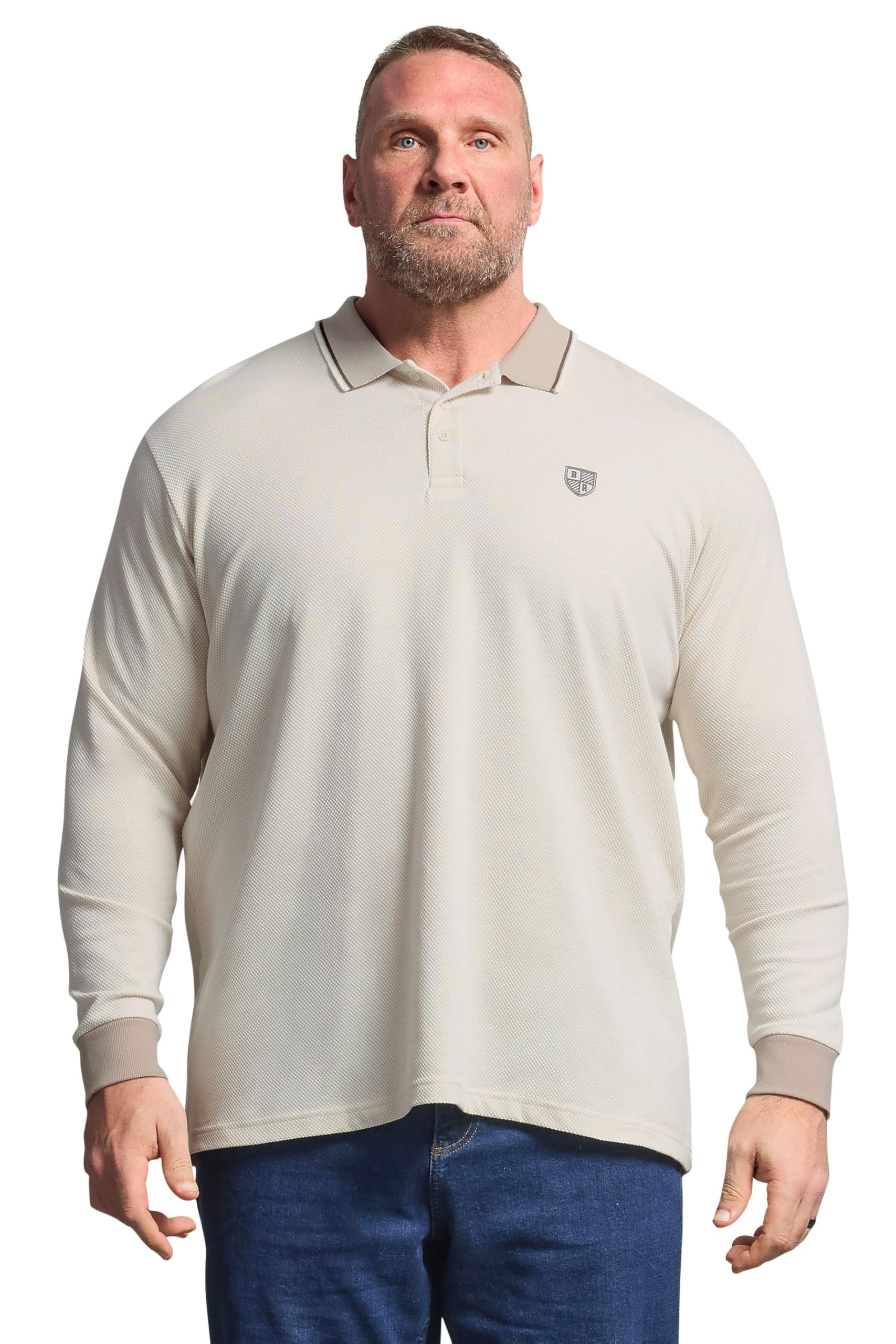 Badrhino Men's Cream Big & Tall Textured Waffle Long Sleeve Polo Shirt - Plus Size Curve