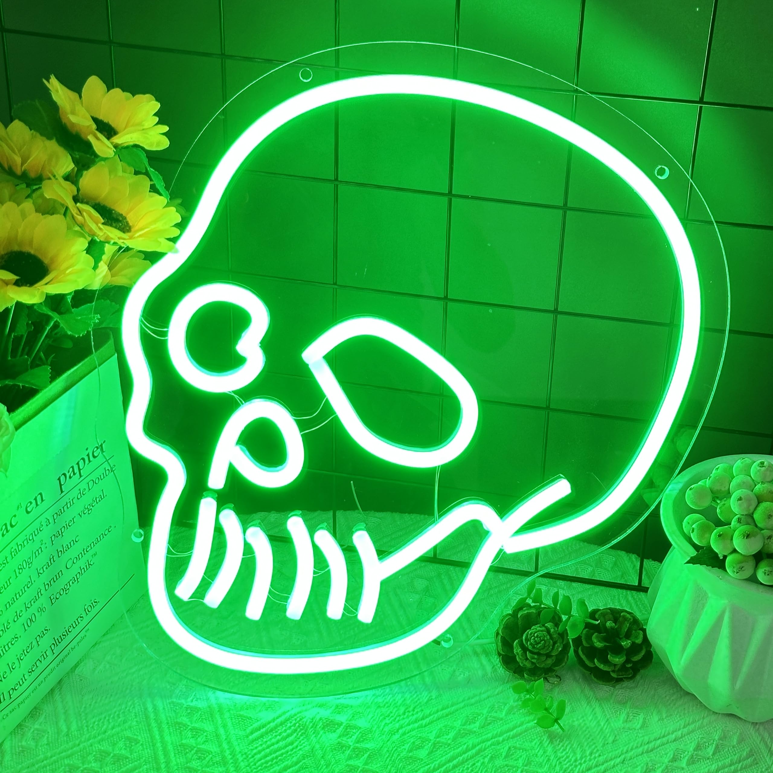 YLSZZO Skull Neon Sign - Green Skeleton Head LED Sign for Bedroom, Man Cave, Game Room, Halloween Decor