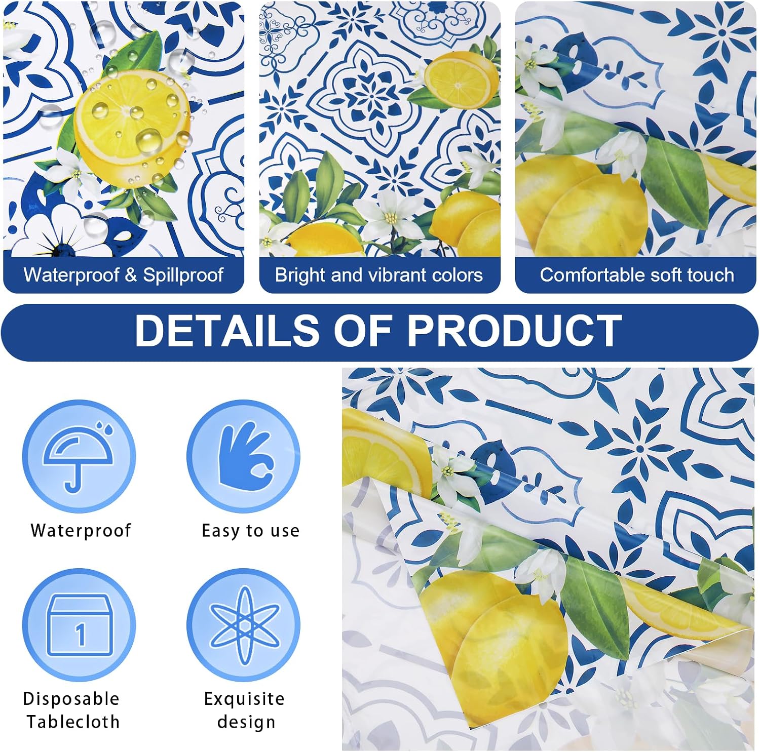 PHOGARY 3 PCS Lemon Tablecloth Disposable Blue Tile Plastic Table Covers Lemon Decor for Baby Shower Italian Themed Party Decorations Supplies 54 x 108 Inch