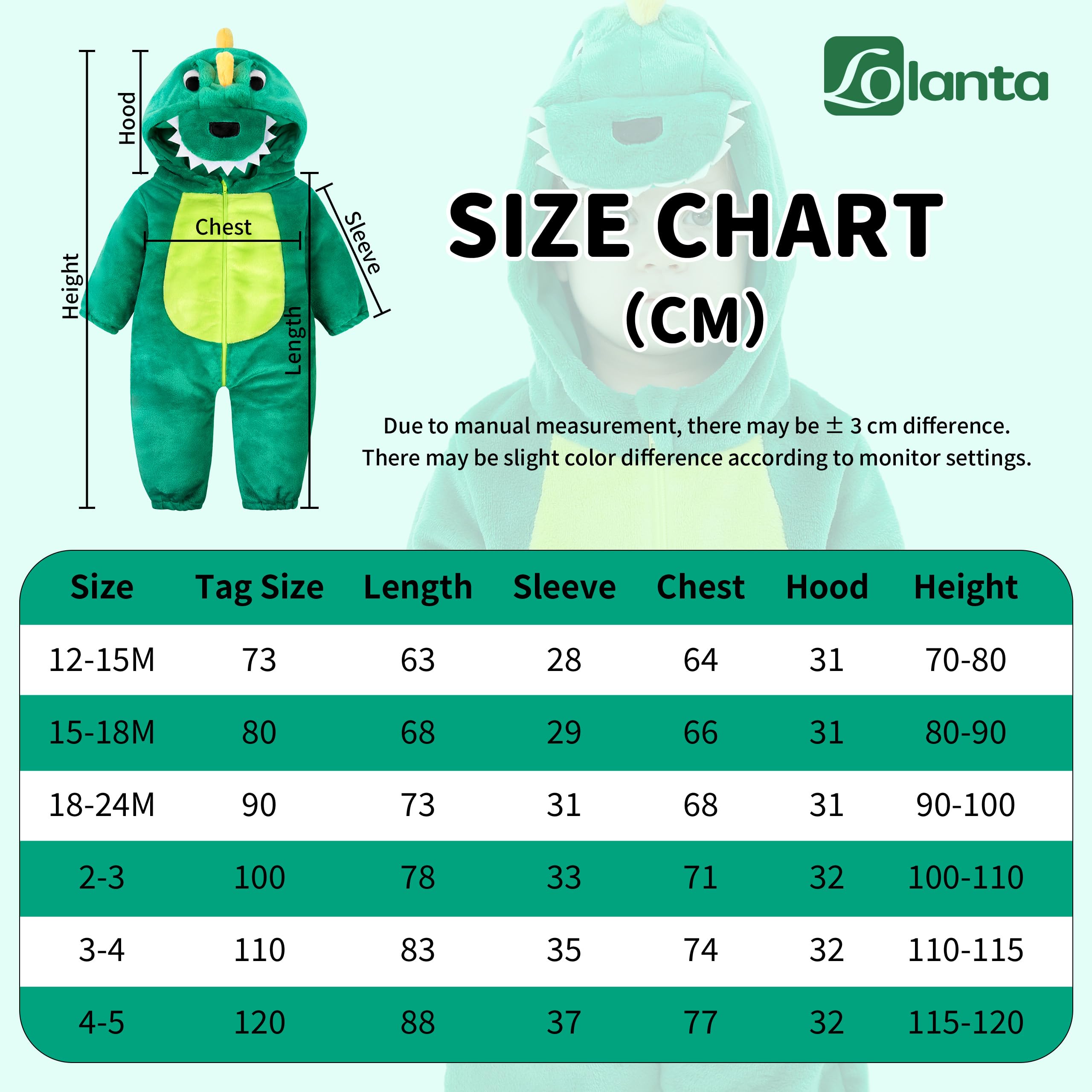 LOLANTA Costume da Dinosauro per Bambino Unisex, Costume da Animale con Cappuccio per Bambino, Tuta Sindacale in Flanella, Verde Lago, 18-24 mesi