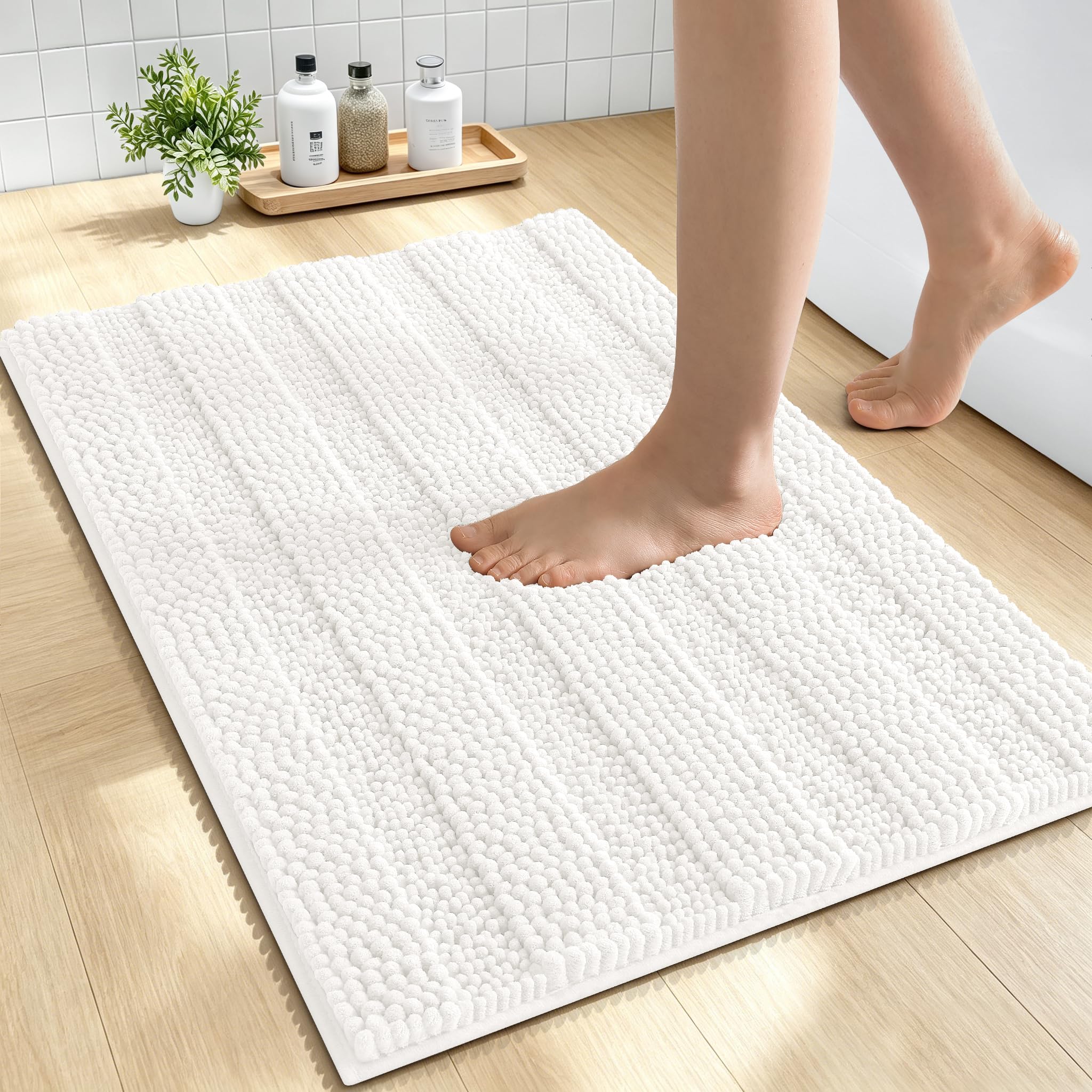 Smiry Thick Small Chenille Bathroom Rugs 24x16, Absorbent Bath Mat, Ivory