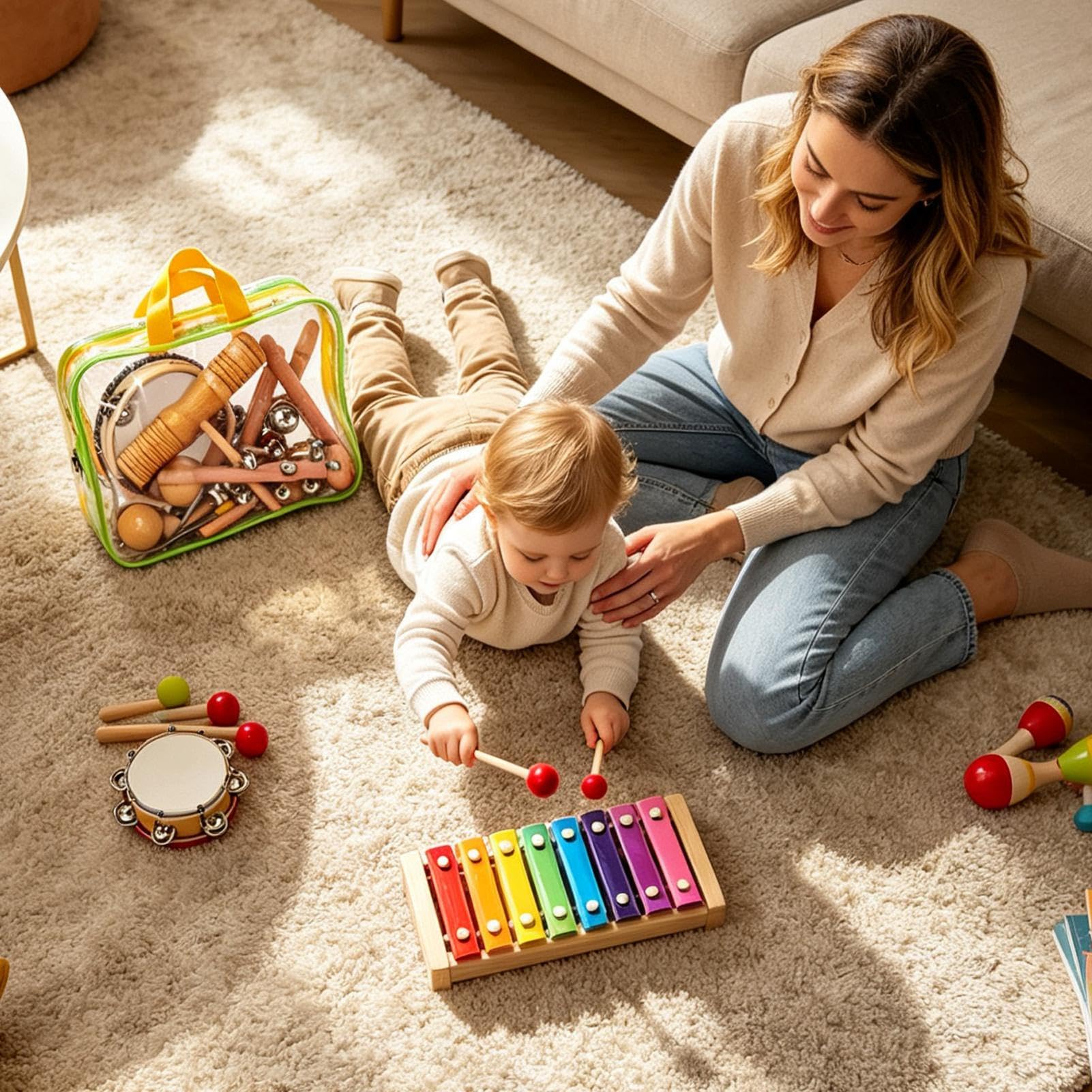 Kids Musical Instruments - Wooden Percussion Toys, Tambourine Xylophone