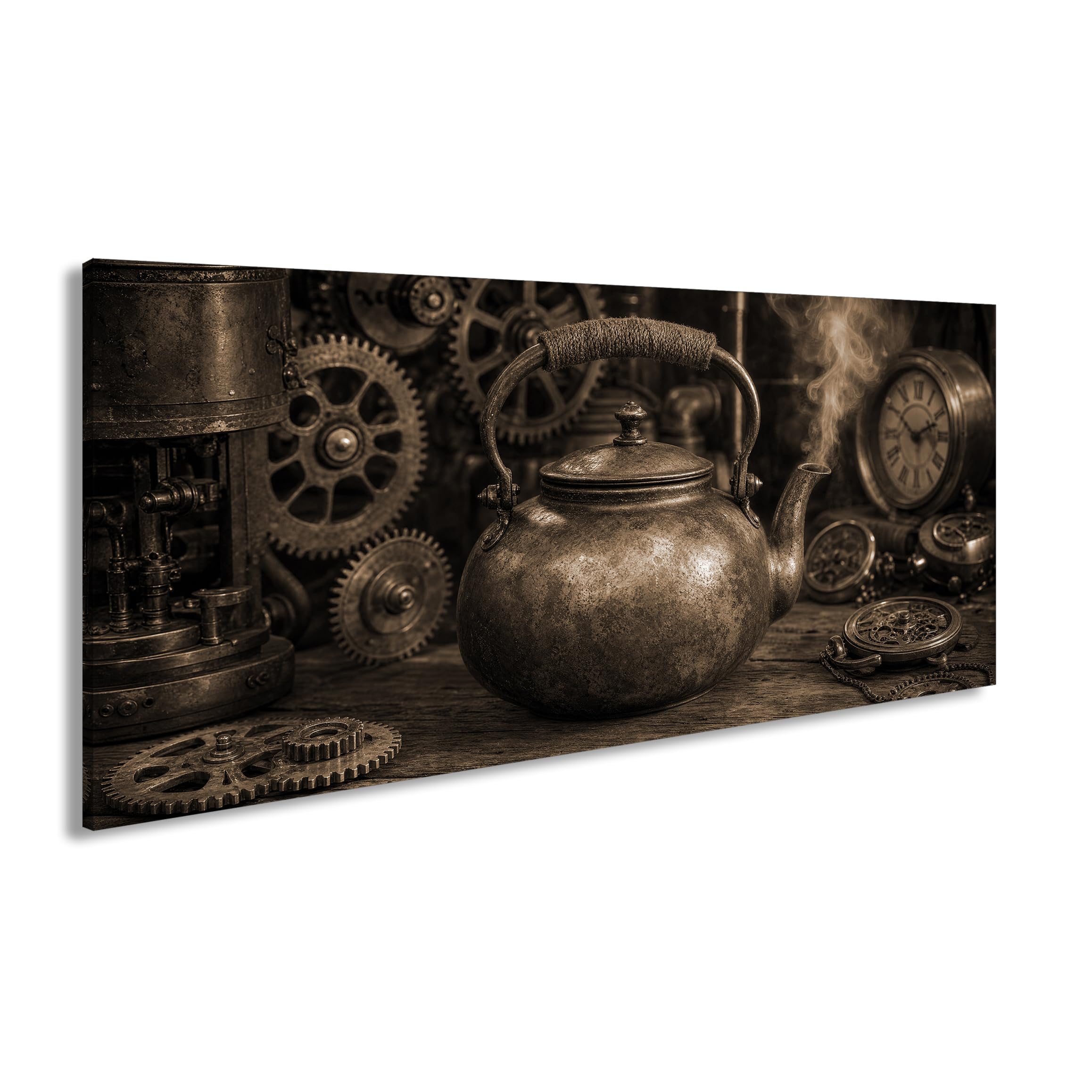 deyoli Obraz na płótnie antyczny miedziany dzbanek do herbaty z parą 60 x 30 cm Sepia