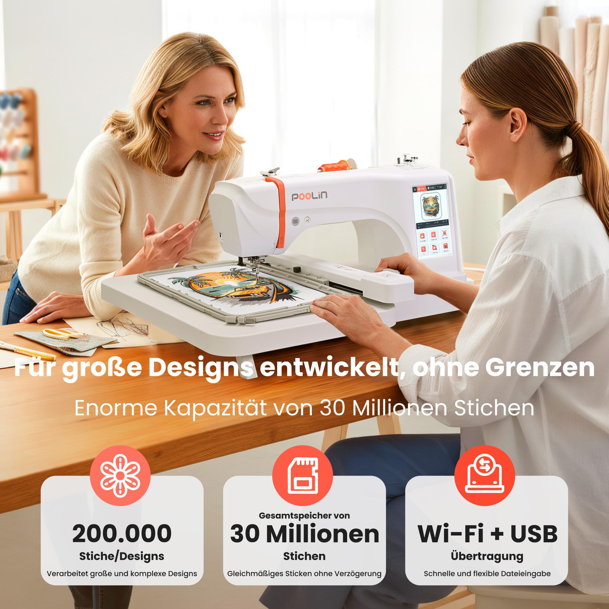PooLin EOC07 Stickmaschine XL, computerisiert, großer Rahmen 20 x 38 cm, 7 Zoll HD-Touchscreen, WLAN-Übertragung, 200 integrierte Motive, 860 ps/min, 4 Rahmen inklusive